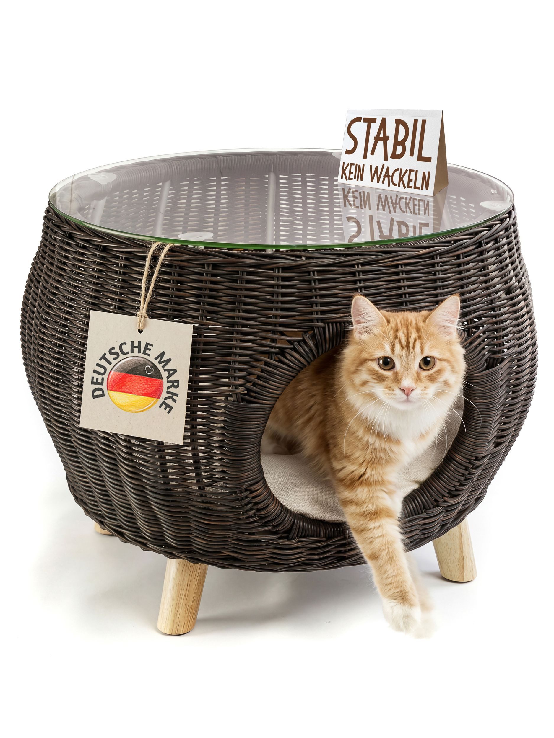 Petigi Tierhaus Couchtisch mit Katzenhöhle Beistelltisch Katzentisch Holz Rattan