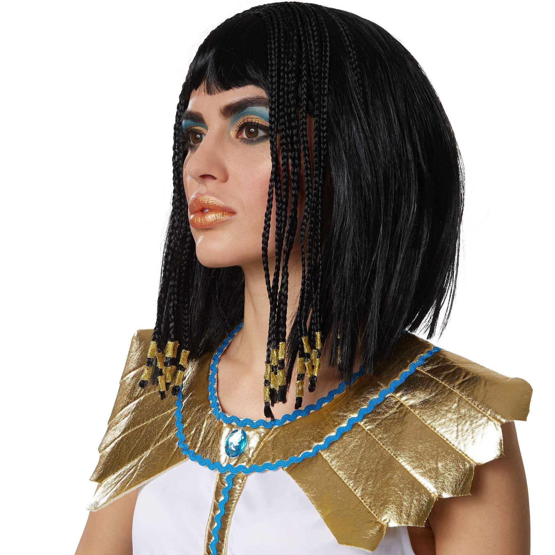 dressforfun Kostüm-Perücke Pharaonenfrisur, Ähnelt dem Bob-Haarschnitt, Perücke Kleopatra, Schöne, geflochtene Haarsträhnen, Goldene Bänder an Zopfenden