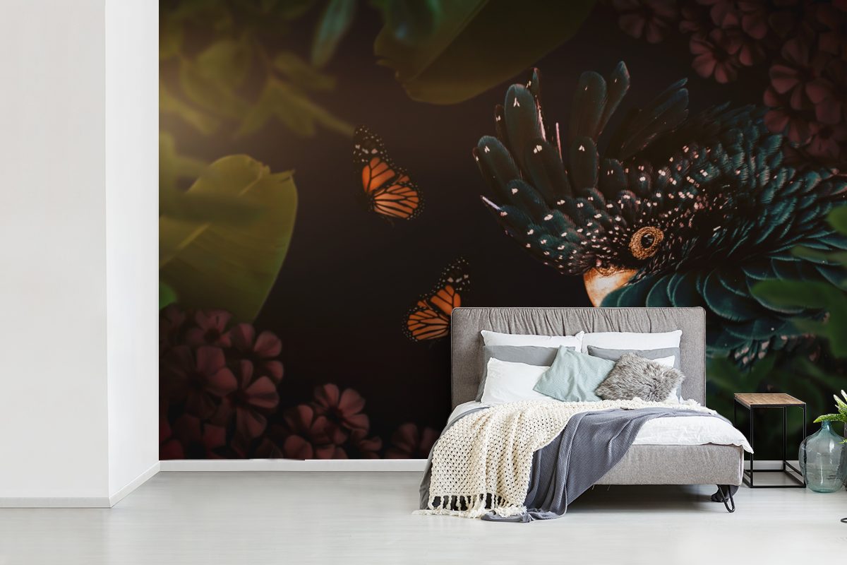 bedruckt, - St), Wallpaper Tapete Vogel Schlafzimmer, - Matt, (6 MuchoWow für Dschungel - Kinderzimmer, Fototapete Blumen, Vinyl Schmetterling Wohnzimmer,