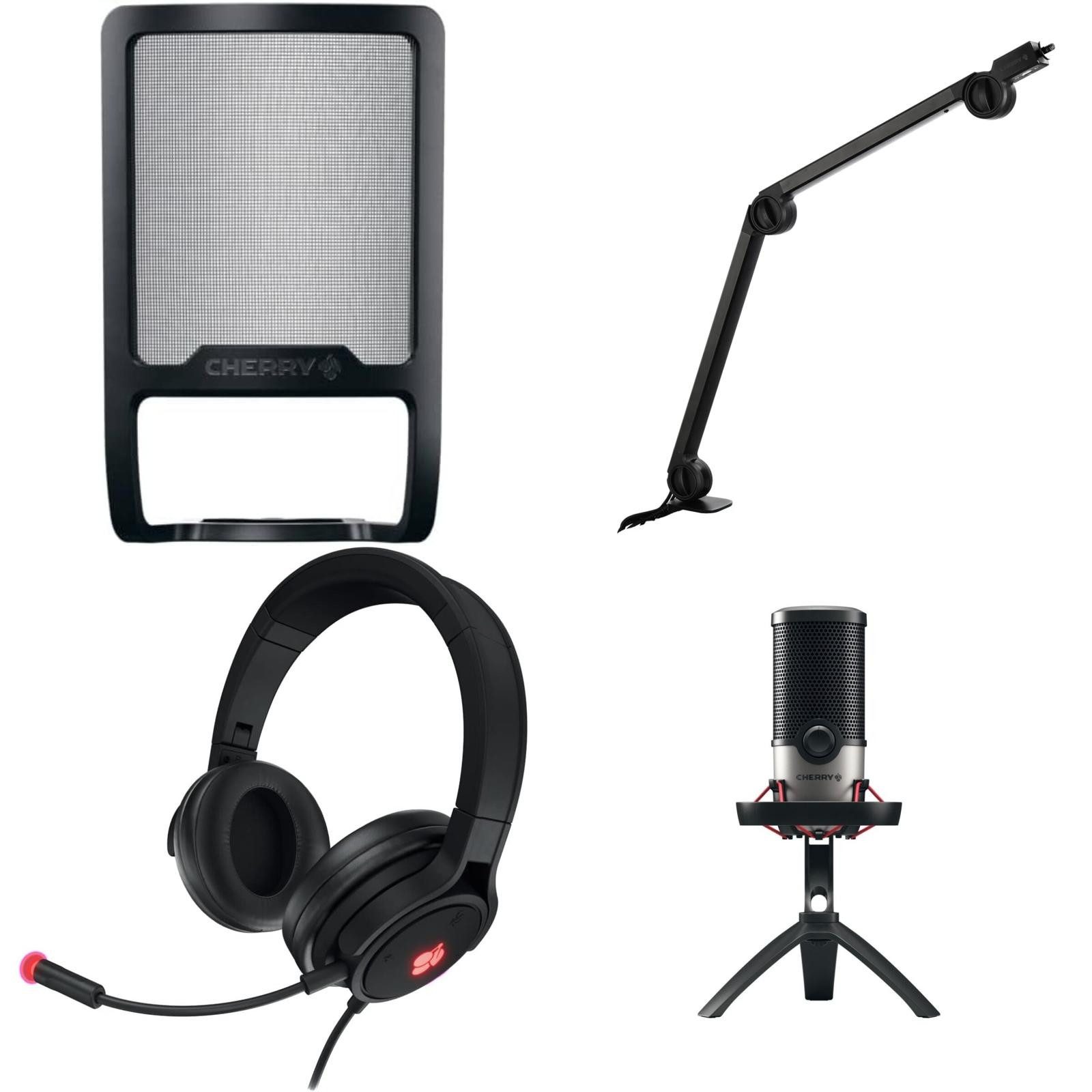 Cherry Streaming-Mikrofon Bundle UM 6.0 Mikrofon, Pop Filter, MA 6.0 Arm & HC 2.2 Headset (4-tlg)