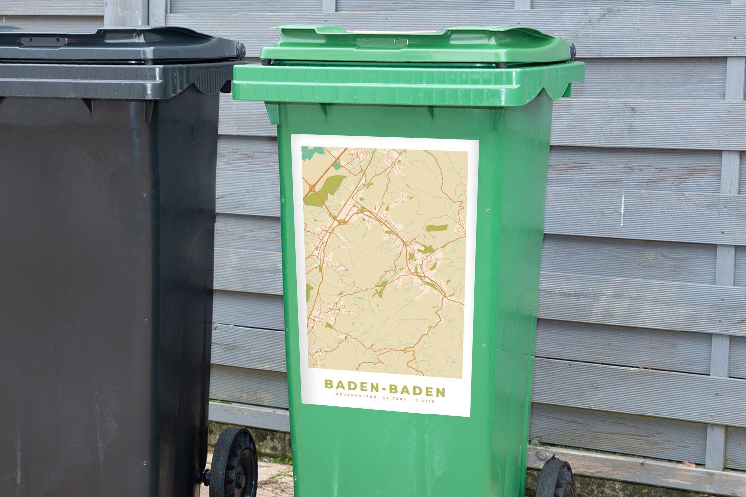 Sticker, Wandsticker - Abfalbehälter Jahrgang Mülleimer-aufkleber, (1 Karte St), Mülltonne, Baden-Baden Stadtplan MuchoWow - - Container,
