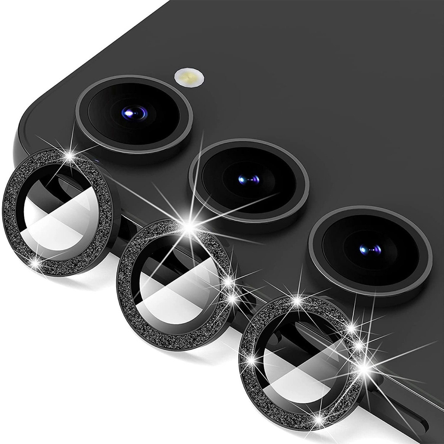 Wigento Handyhülle Für Samsung Galaxy S25 Plus Aluminium Glitzer Ring Kamera Glas Schwarz, Kameralinsenschutz mit Metallring, gehärtetes Glas