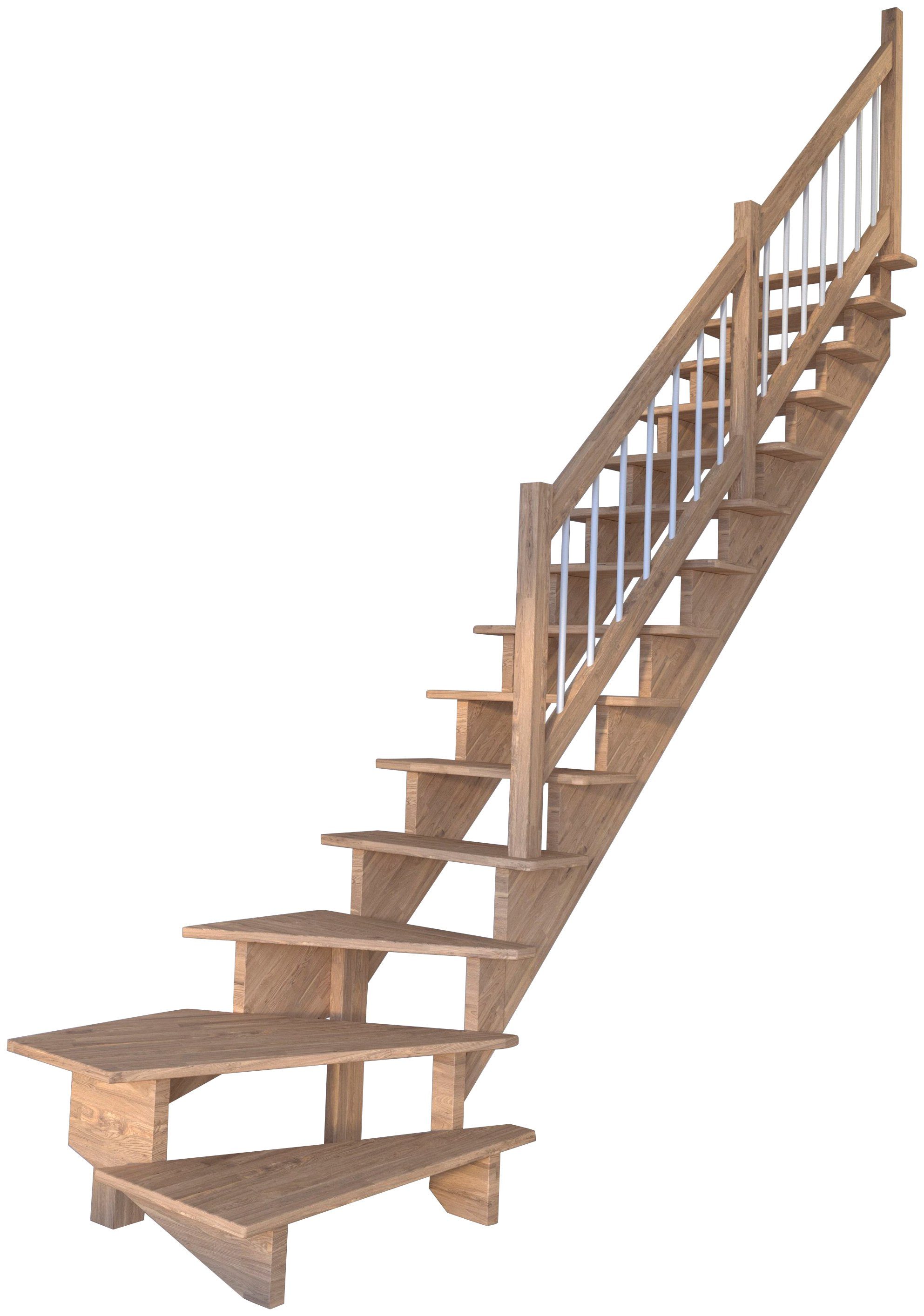 Starwood Systemtreppe Massivholz Lindos, Holz-Edelstahl Weiß, für Geschosshöhen bis 300 cm, Stufen offen, gewendelt Rechts, Durchgehende Wangenteile | Treppen