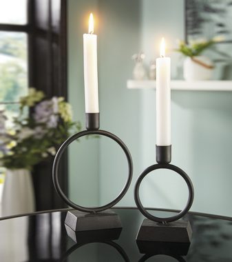 Dekoleidenschaft Tischkerzenhalter "Ring" aus Metall, matt schwarz, 14 + 19 cm hoch, Stabkerzenhalter (2 St., im Set), Kerzenhalter Kerzenständer für Tafelkerzen, Stabkerzen, Spitzkerzen