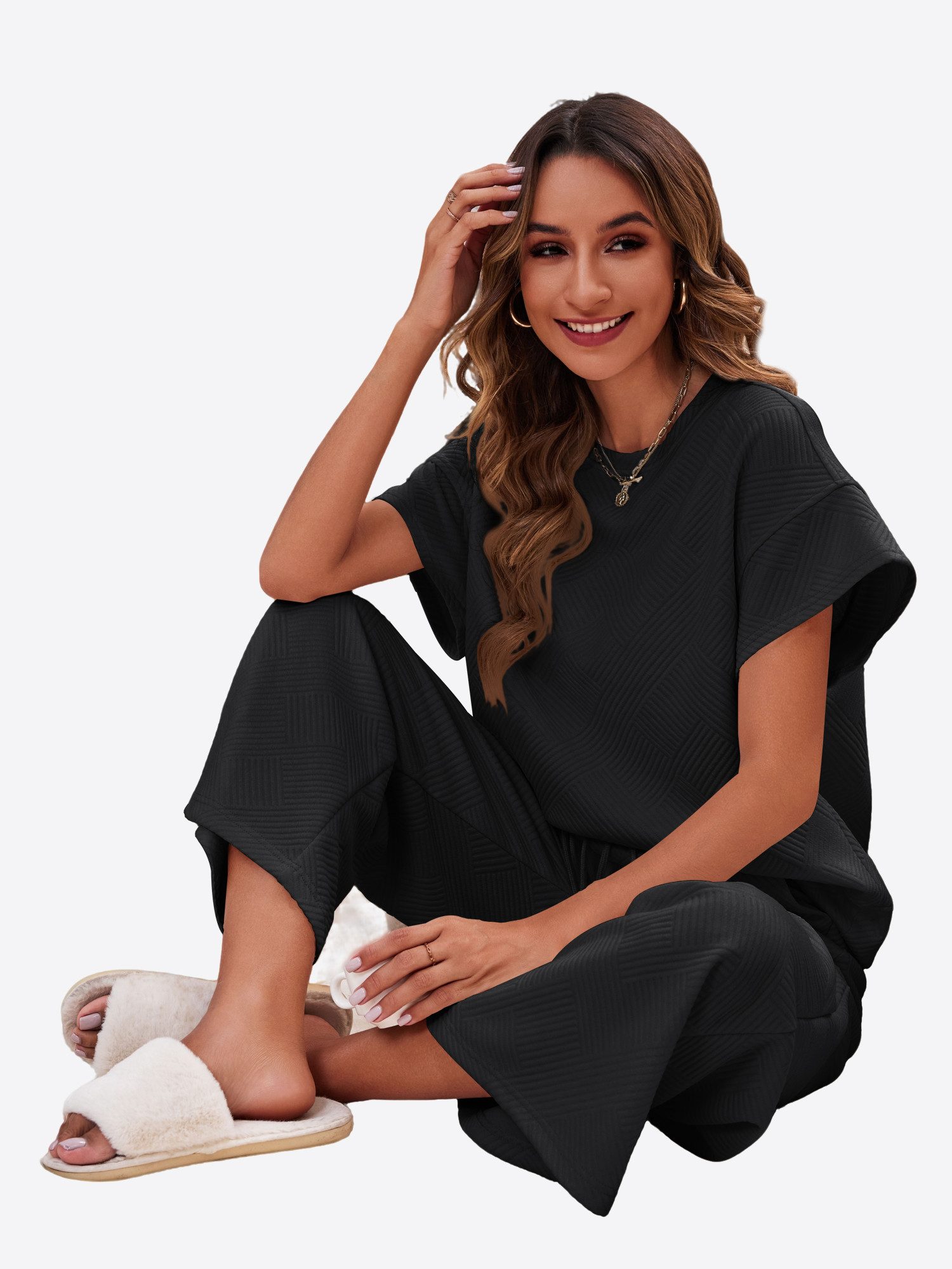 Imily Bela Hausanzug Damen Loungewear-Sets (Set, 1 tlg., Kurzarmtops + Cropped-Hosen mit weitem Bein) einfarbig – Bild 5 von 5