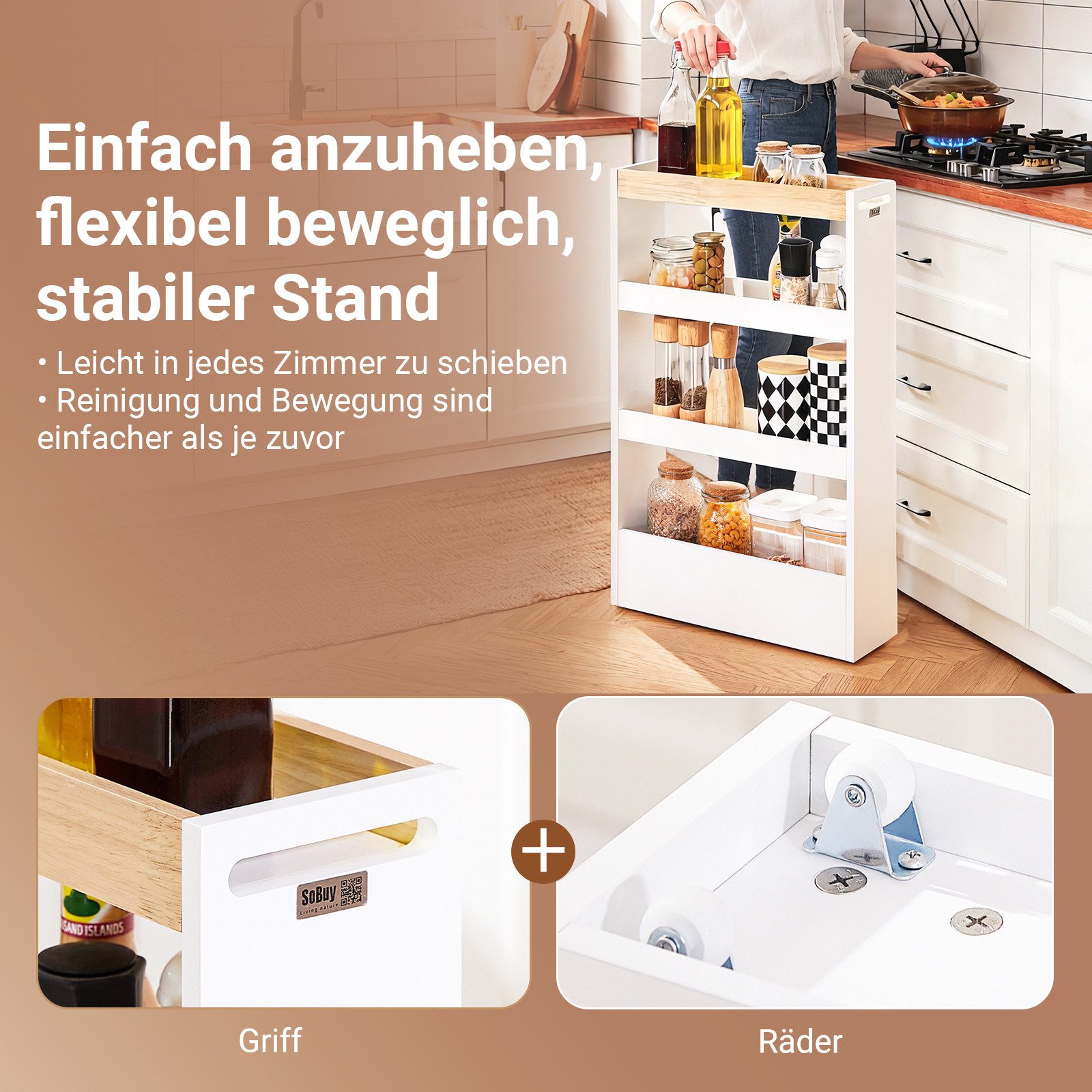 SoBuy Beistellwagen NSR12, Nischenregal mit 4 Etagen, Küchenregal mit Rollen, Nischenwagen, Küchenwagen schmal, Beistellwagen, Rollwagen 4 Ebenen, Nischenregal