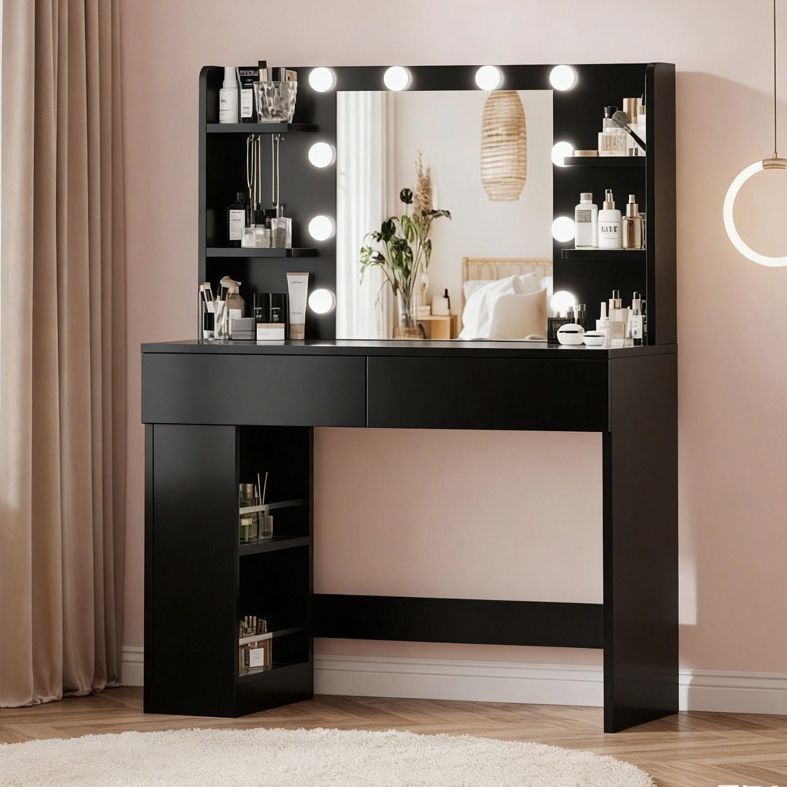 HOMALL Schminktisch Mit dreifarbiger LED-Beleuchtung, Helligkeit einstellbar (Länge × Breite × Höhe) 90 × 40 × 137 cm, mit Steckdose und 2 USB-Anschlüssen, seitliche Schränke links und rechts austauschbar, 8 offene Ablagefächer, 2 Schubladen, 4 Schmuckhaken)