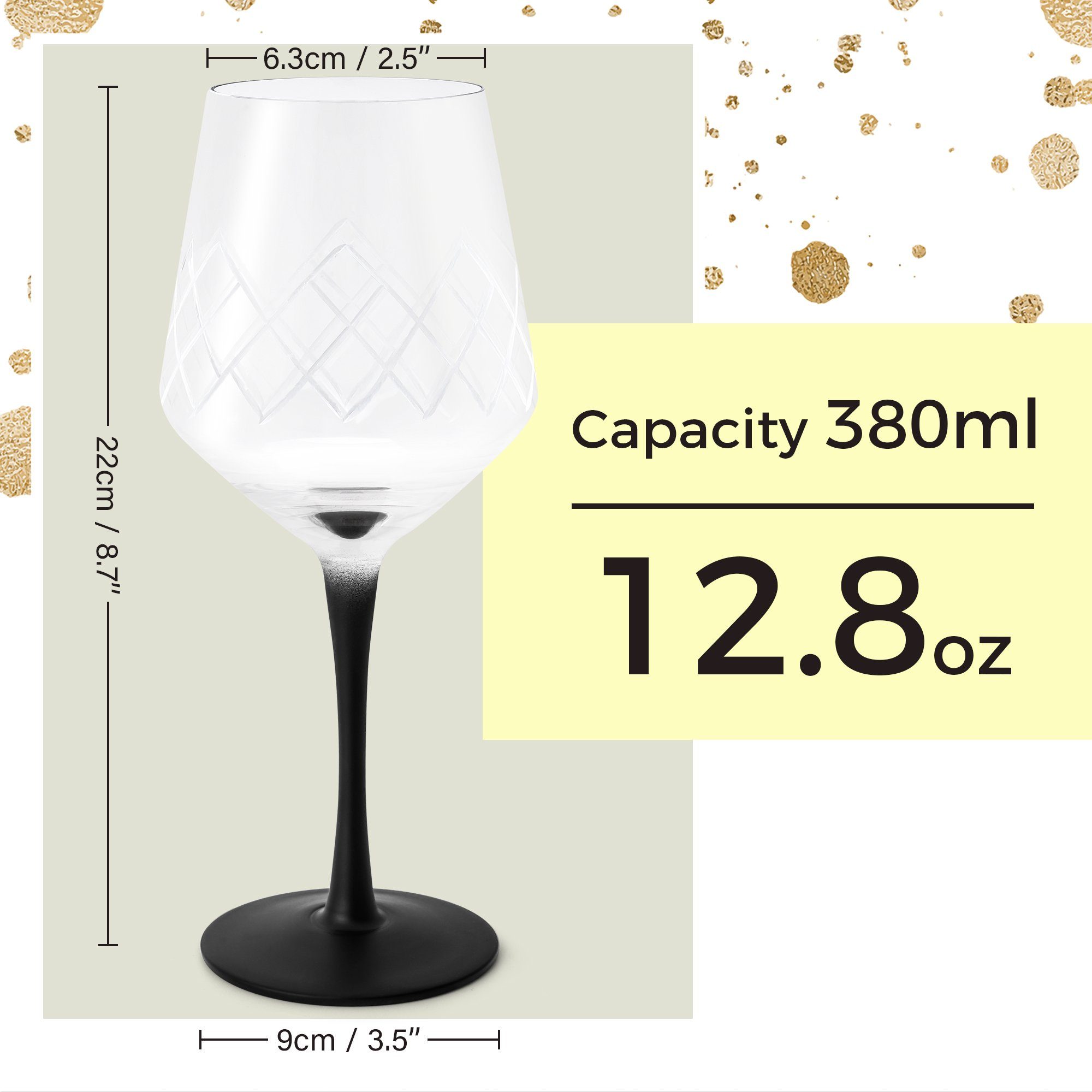 MiaMio Weißweinglas Crystaluna mit schwarzem Stiel, 380 ml, 4-tlg., Glas, mit schwarzem Stiel, Weinstopper und Weinbelüfter