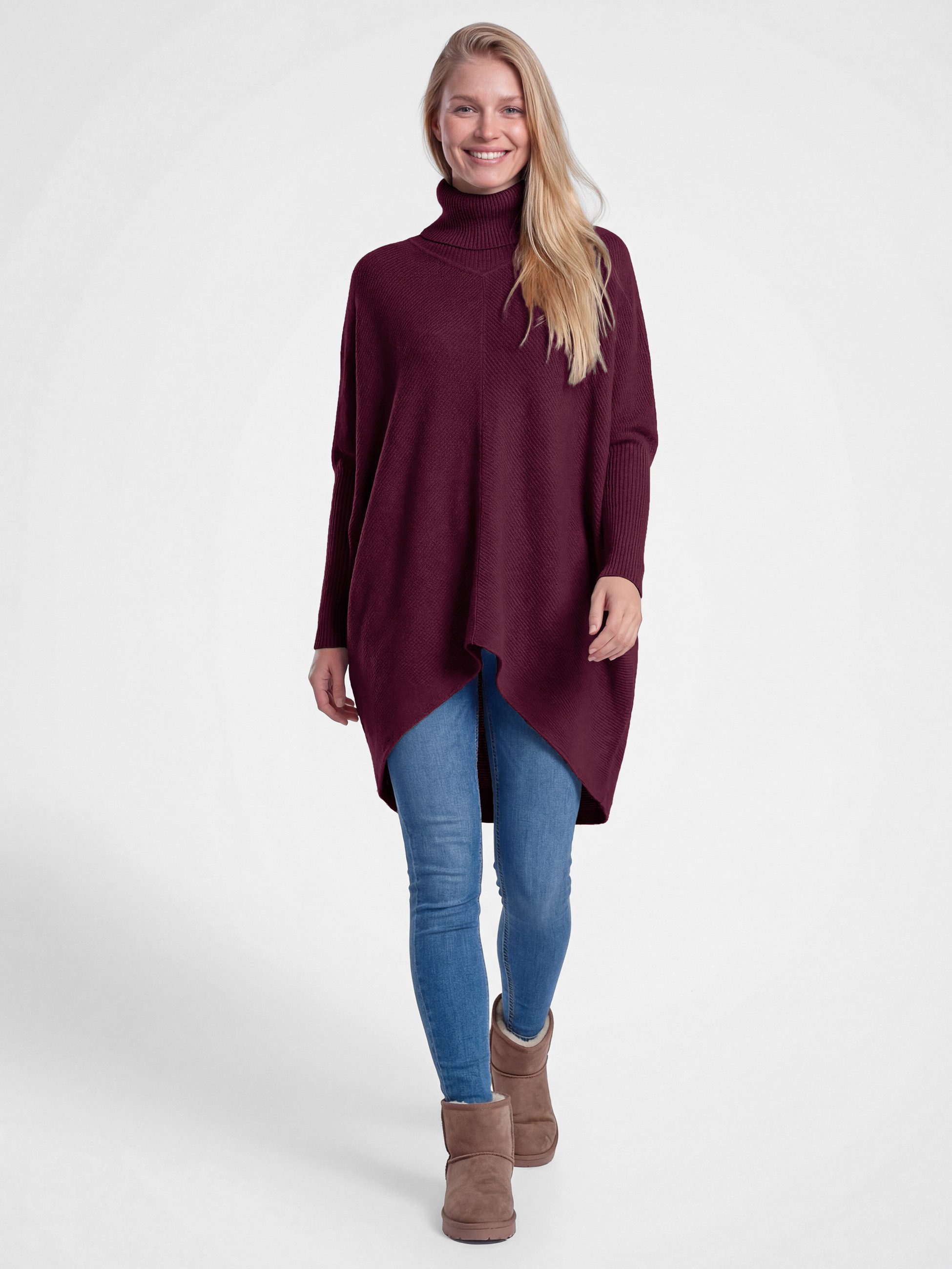 PEKIVESSA Longpullover Oversized langer Rollkragenpullover Damen Fledermausärmel (Einzelartikel, 1-tlg) hinten länger