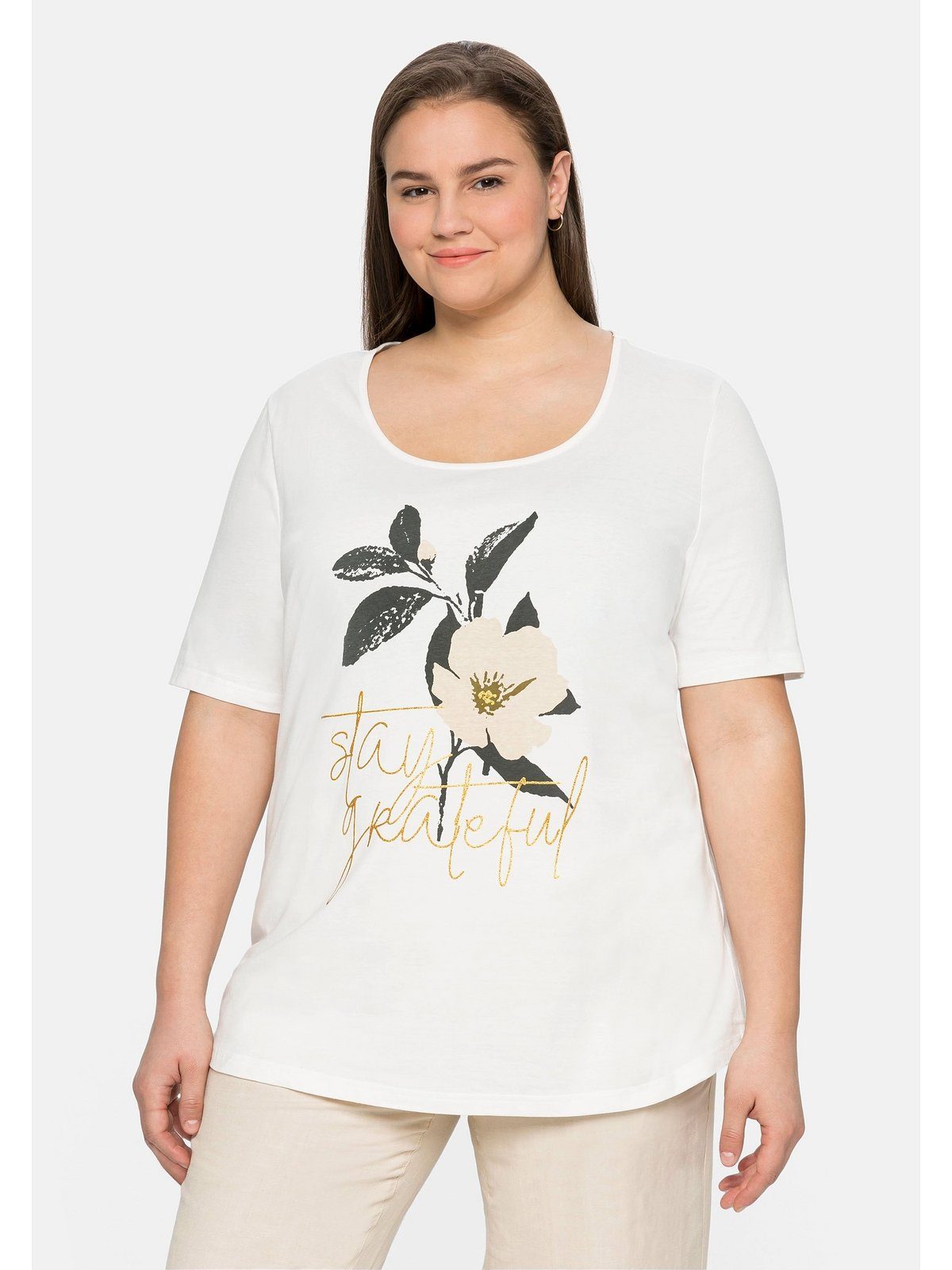 Sheego Rundhalsshirt Große Größen mit Blumendruck und Glitzerschrift | T-Shirts
