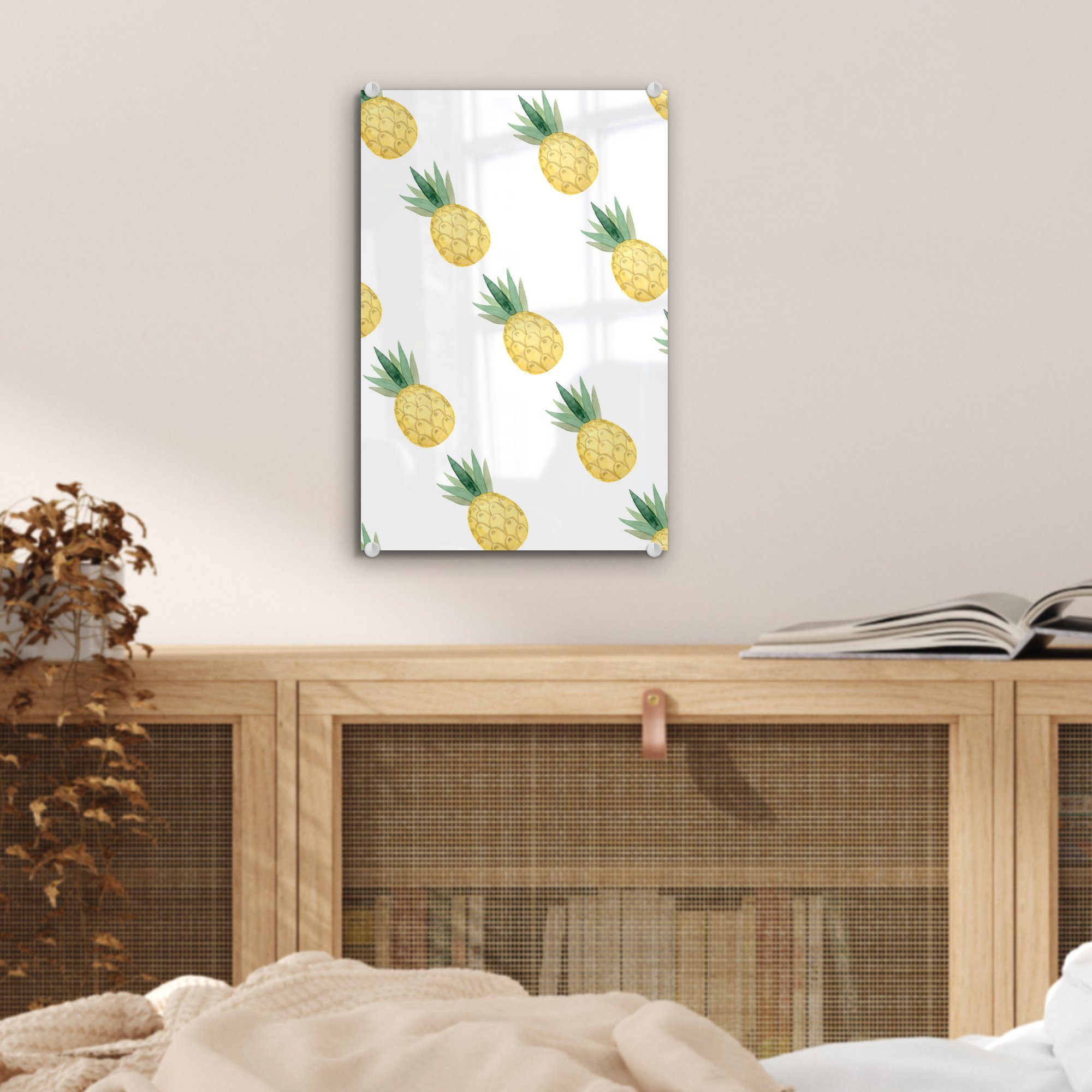 Obst Wandbild auf - MuchoWow Ananas - - Glas - Bilder - St), auf Wanddekoration Foto Aquarell, Glasbilder (1 Acrylglasbild Glas