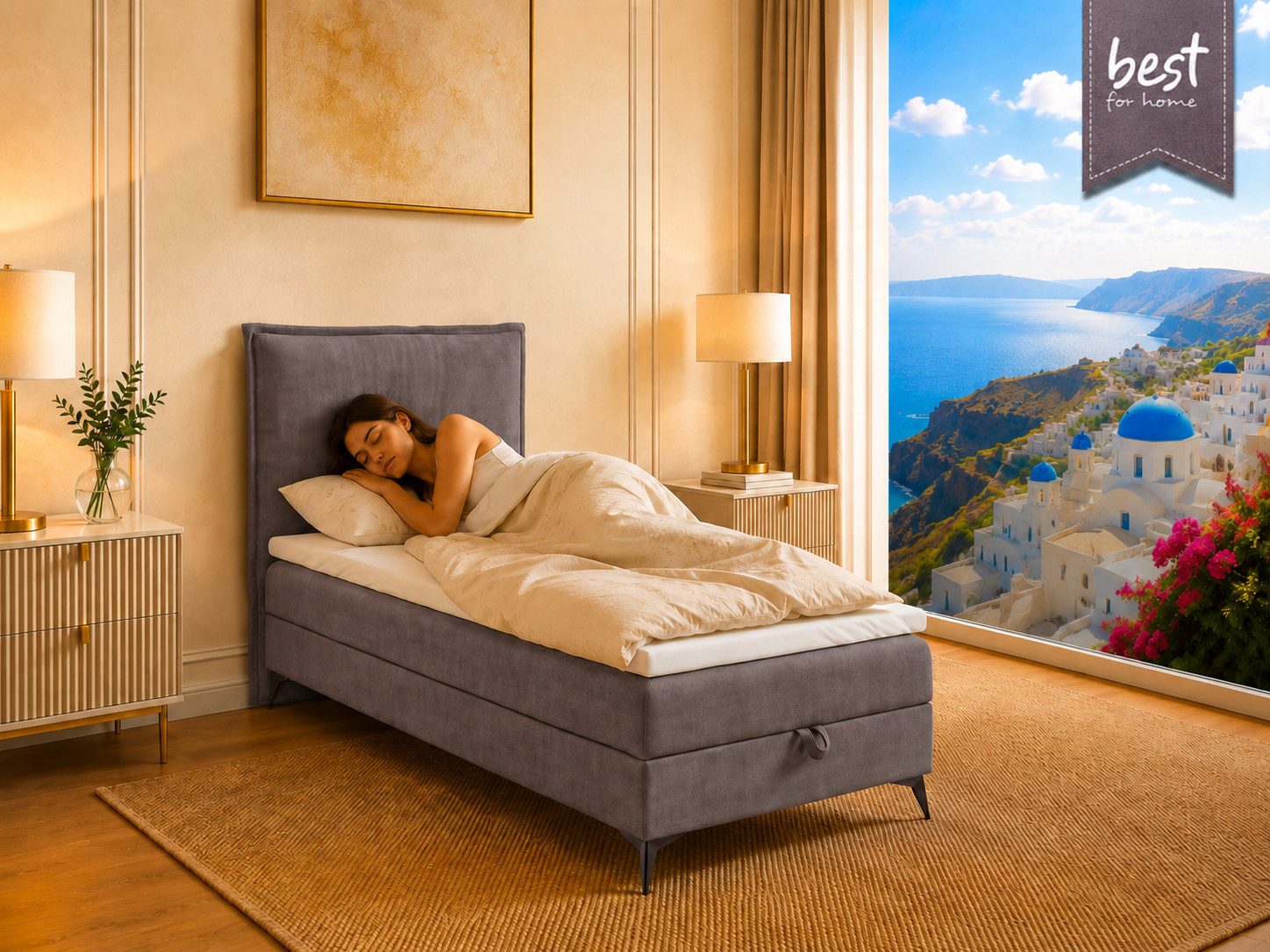 Best for Home Boxspringbett K16 Single SLIM mit Bettkasten & Bonellfederkernmatratze, Topper H3 (Einzelbett, Polsterbett, Juniorbett, Hotelbett, versch. Größen, 1-St., 70x200 80x200 90x200 100x200 cm), mit oder ohne Topper, Flexible Liefermöglichkeiten, Handwerksqualität