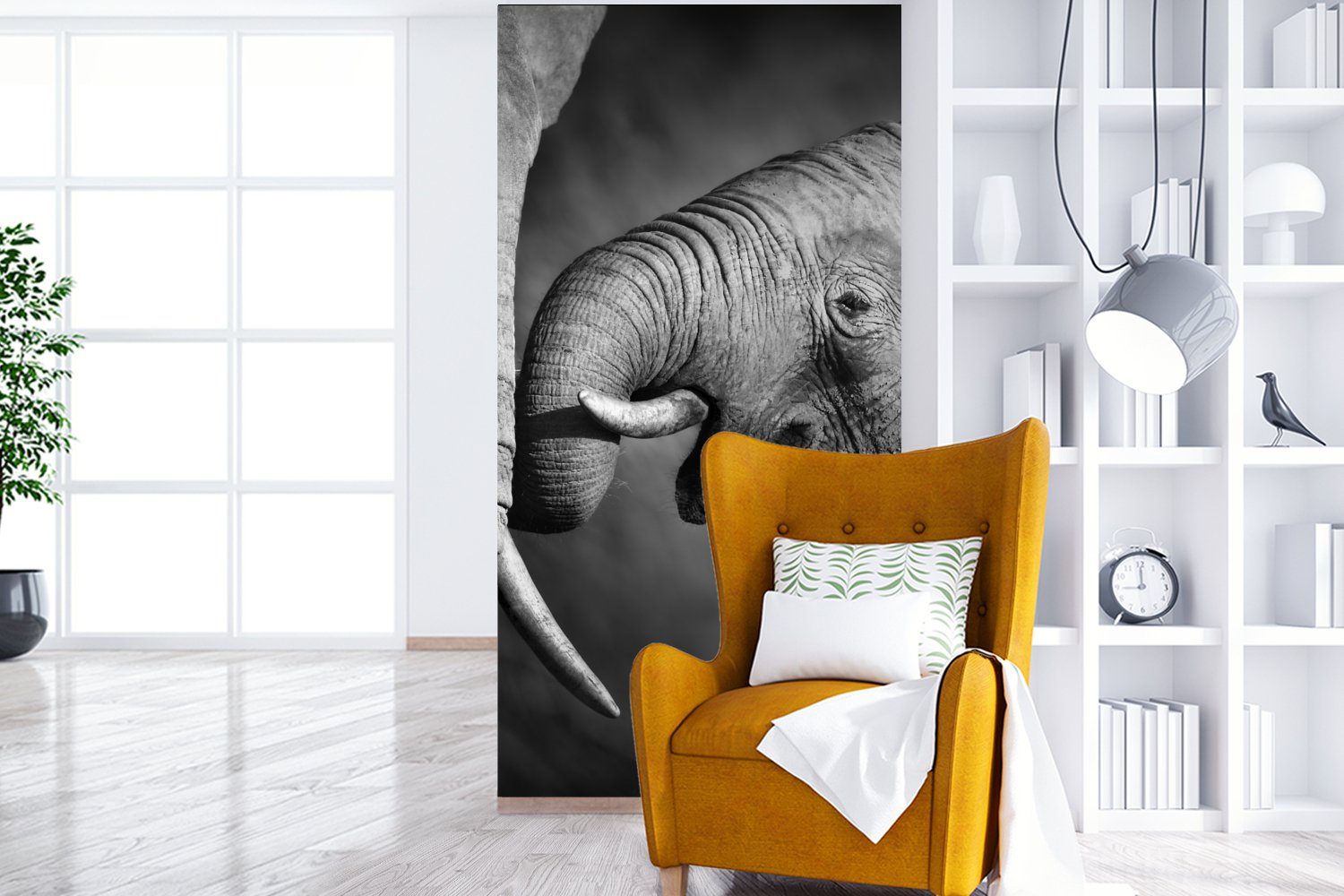 MuchoWow Fototapete Wildtiere - bedruckt, Wohnzimmer - - für Weiß (2 Schwarz Porträt, Elefant Küche, - Schlafzimmer Fototapete St), Vliestapete Matt