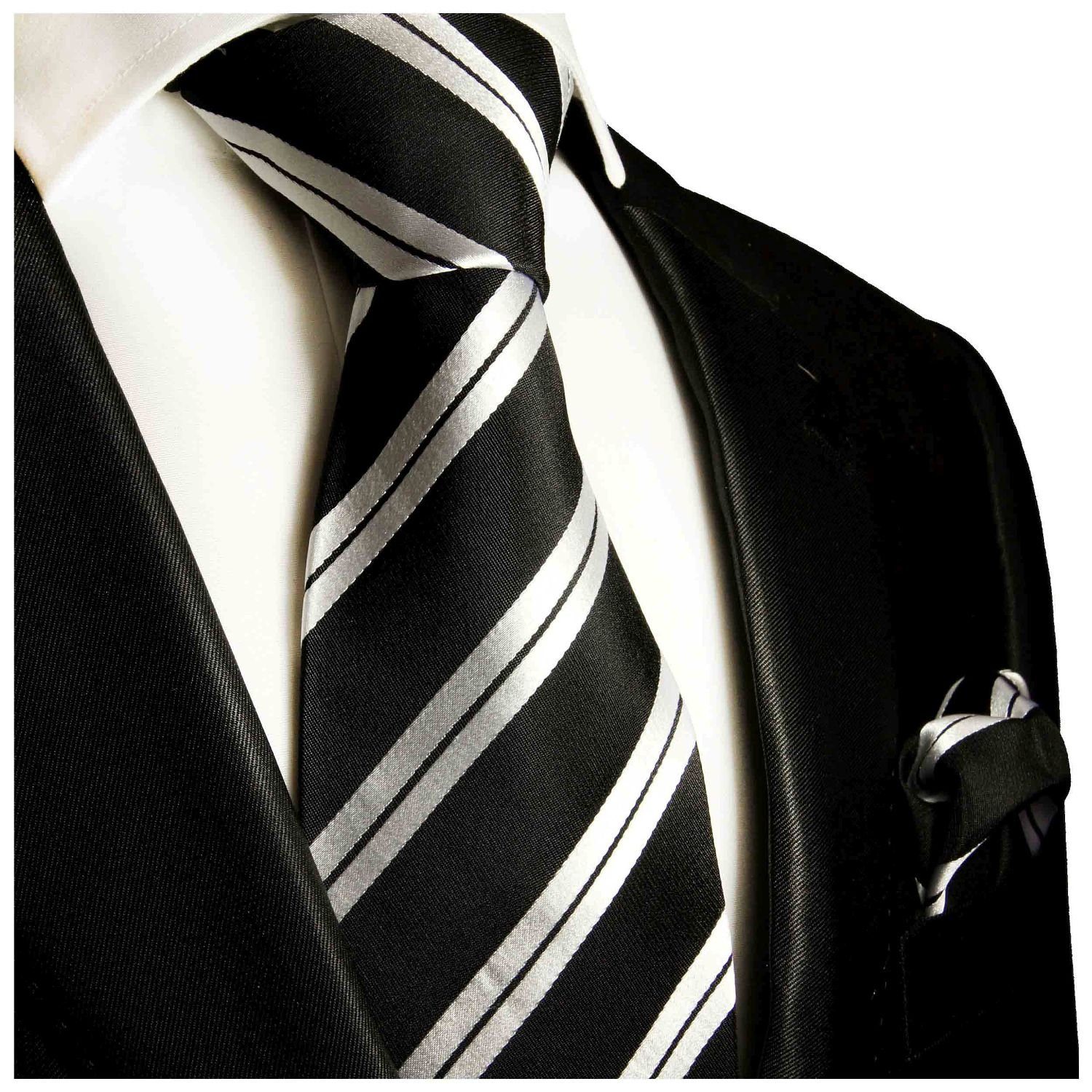 Paul Malone Krawatte silber (6cm), gestreift 2-St., (Set, Herren 100% mit Einstecktuch) 279 mit schwarz Schmal Seide Seidenkrawatte modern Tuch Krawatte