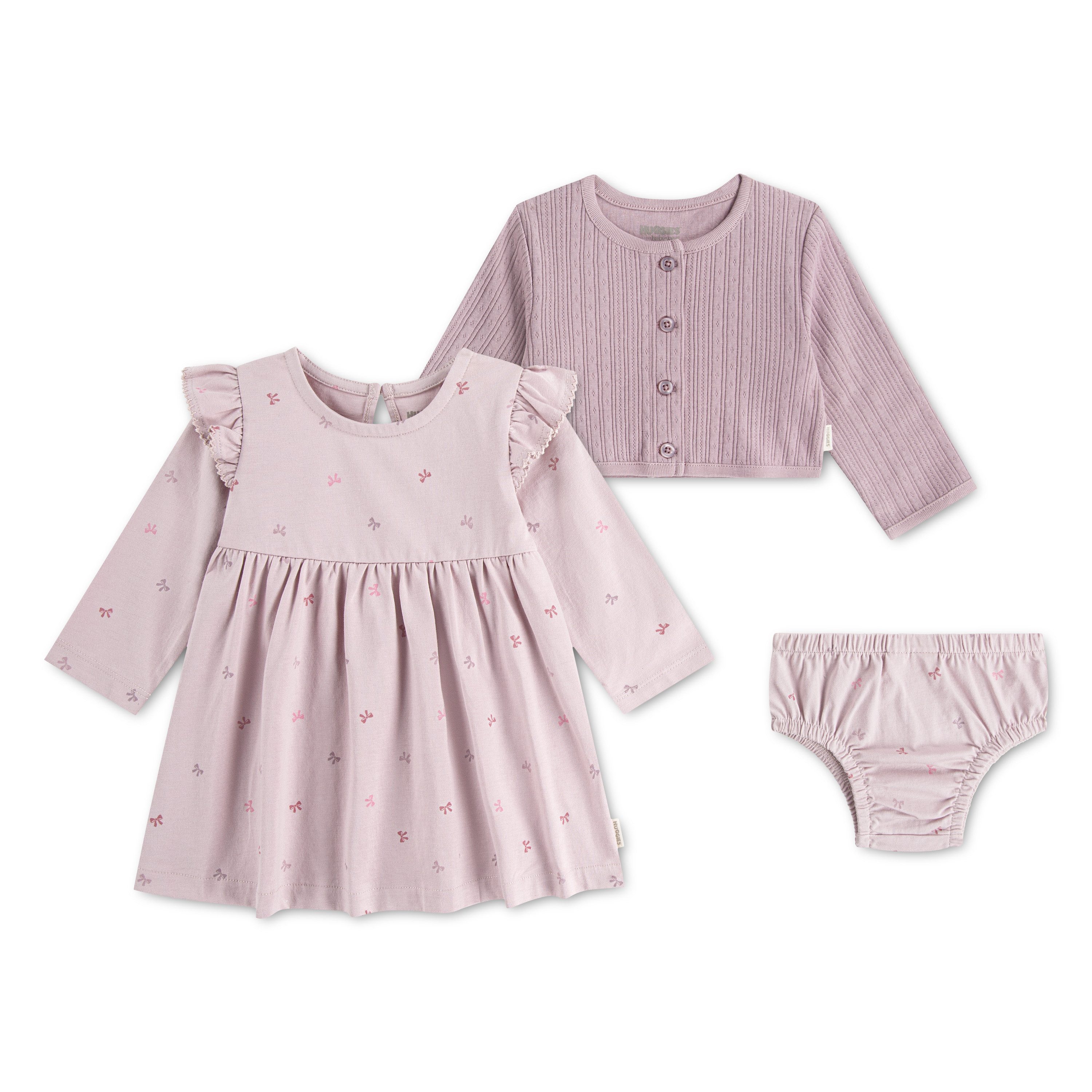 HUGGIES babywear Kleid & Hose HUGG 3PC DRESS SET (Set, 3-tlg) & Strickjacke mit Allover-Schleifenprint - for Girls