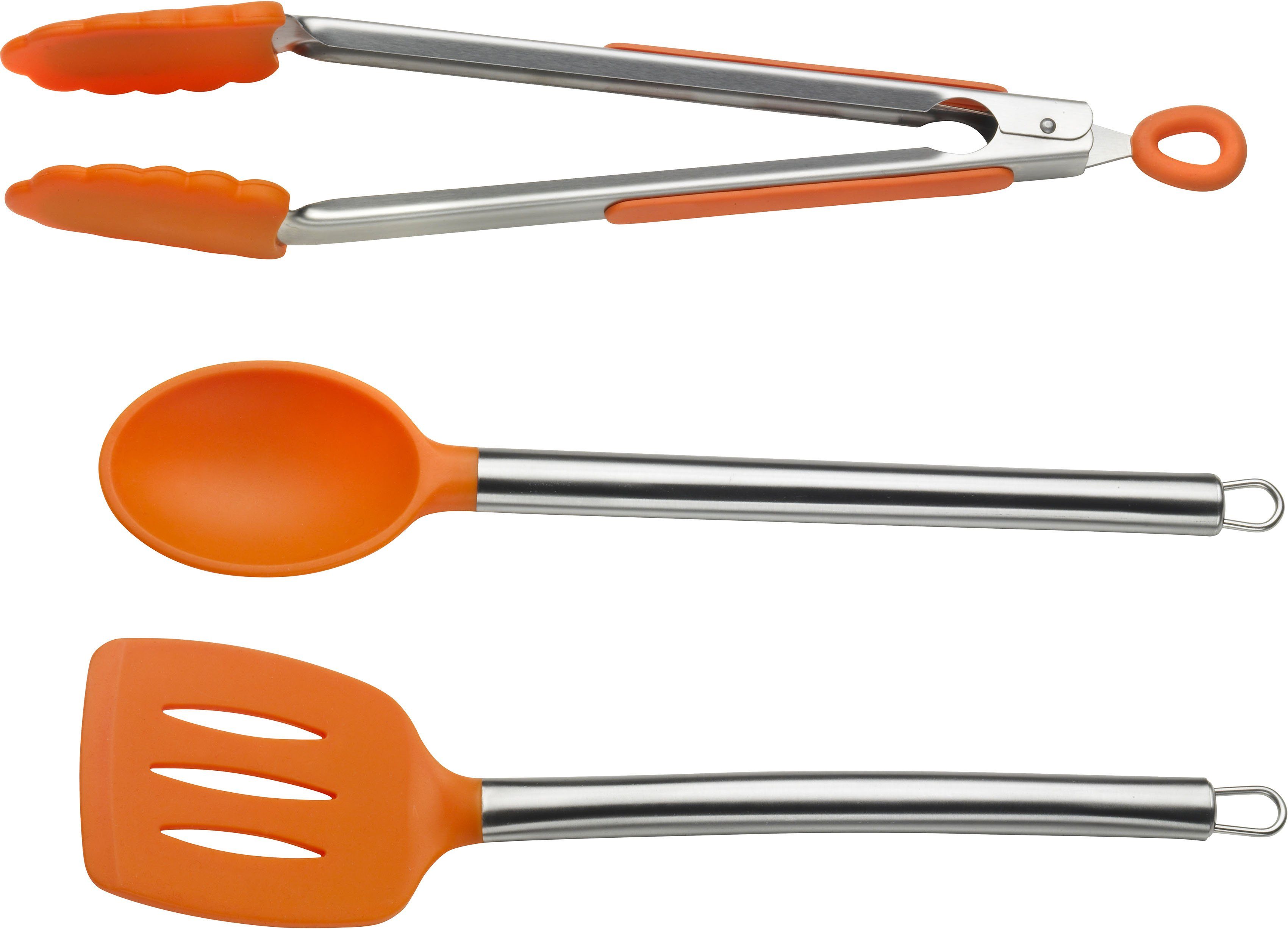 PINTINOX Kochbesteck-Set Pinti Edelstahl/Silikon Silicone (Servierlöffel, Orange 3-tlg), Zange), (Set, Bratenwender