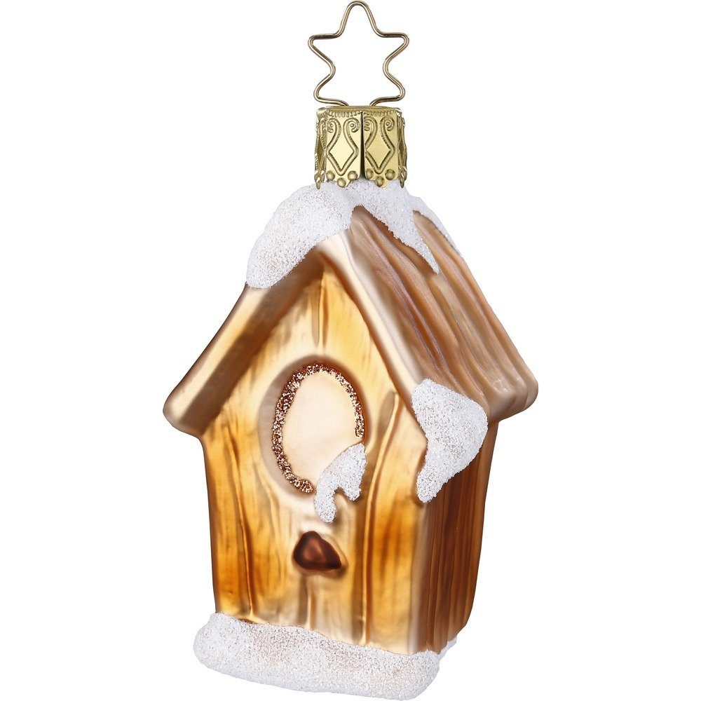 INGE-GLAS® Christbaumschmuck, Christbaumschmuck Vogelhaus mit Schnee Glas 8cm hellbraun, 1 Stück