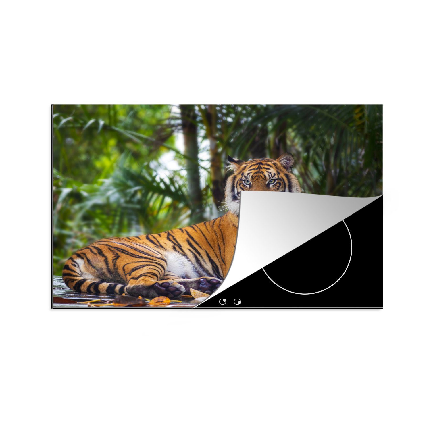 MuchoWow Herdblende-/Abdeckplatte Tiger - Tiere - Wald - Dschungel, Vinyl, (1 tlg), 81x52 cm, Ceranfeldabdeckung, Arbeitsplatte für küche