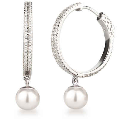 Schöner-SD Perlenohrringe Ohrhänger 24mm große Creolen mit Perlen hängend 925 Silber Ohrringe, mit Zirkonia