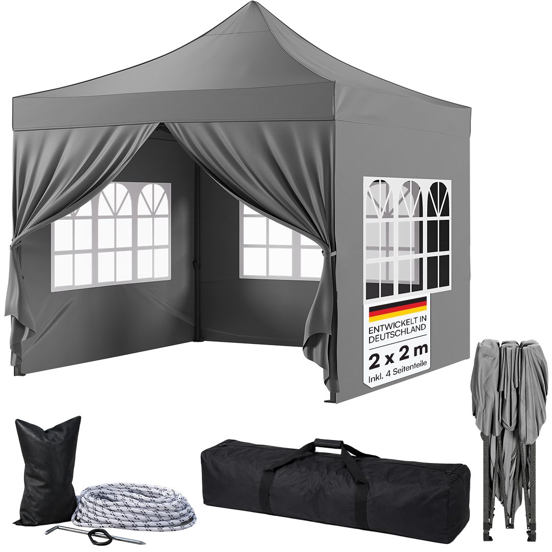 STEELSØN Pavillon Rynara Faltpavillon wind- & wetterfest, mit 4 Seitenteilen, (2x2 m, grau, 2x2 m, grau), UV-Schutz, Gartenpavillon mit Seitenwand