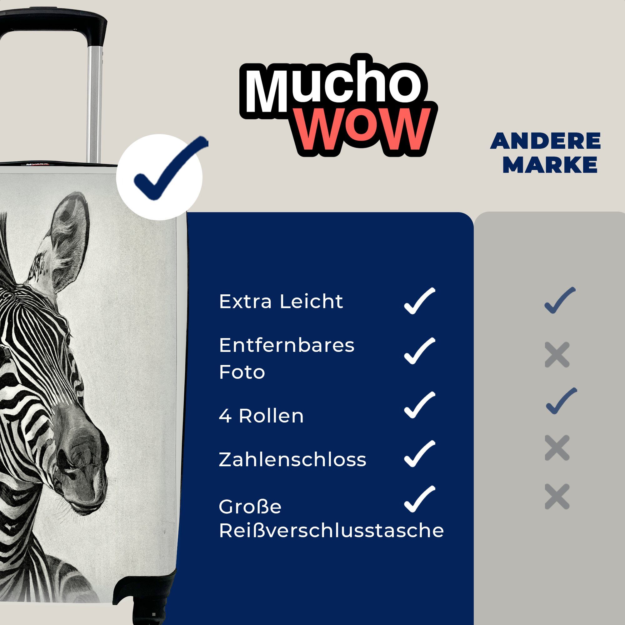 MuchoWow Handgepäckkoffer eines Trolley, Ferien, schwarz-weiße mit Reisetasche Rollen, 4 für Zebras, Handgepäck Reisekoffer Eine Illustration rollen