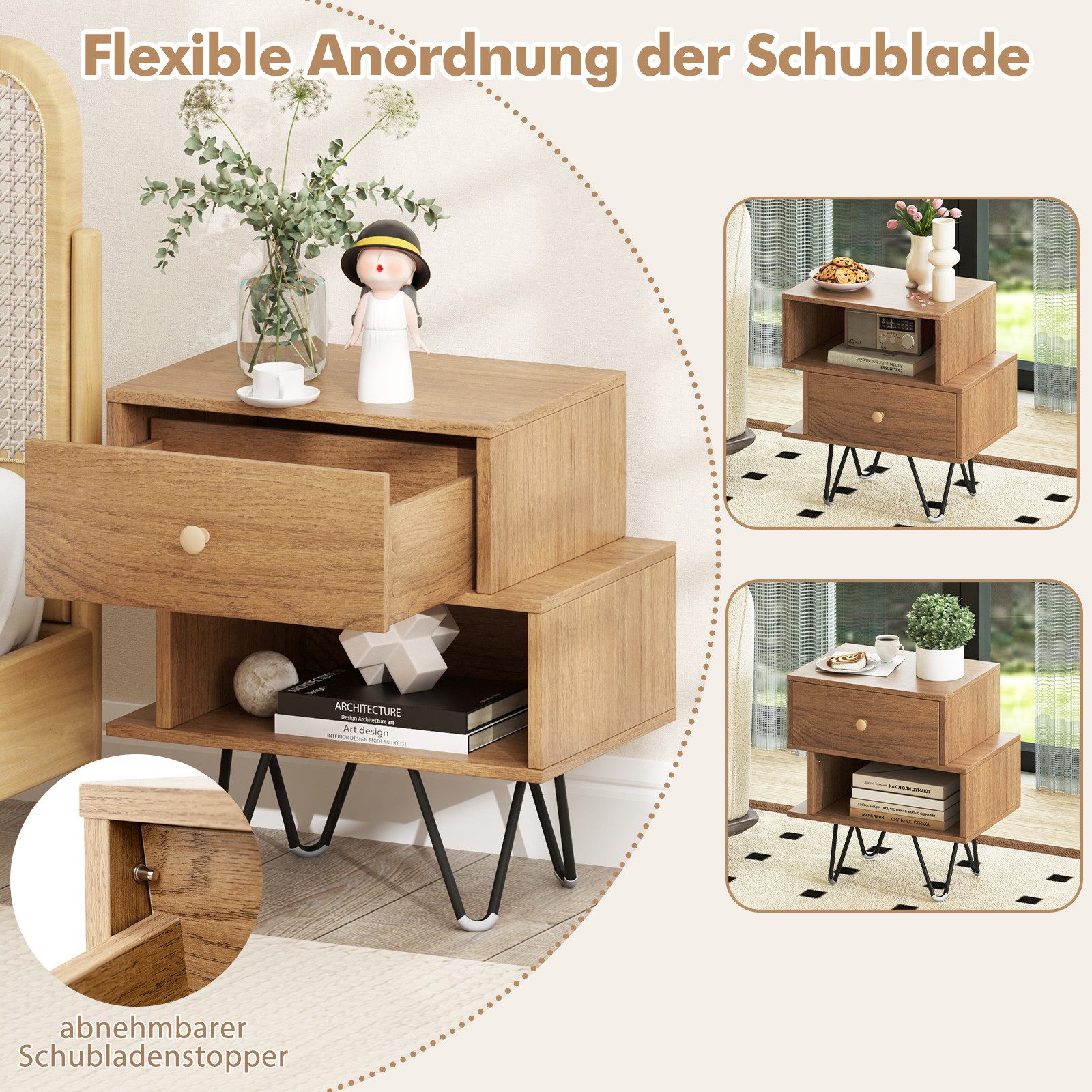 COSTWAY Nachttisch (2-St), 2er Set, mit Schublade & offenem Fach