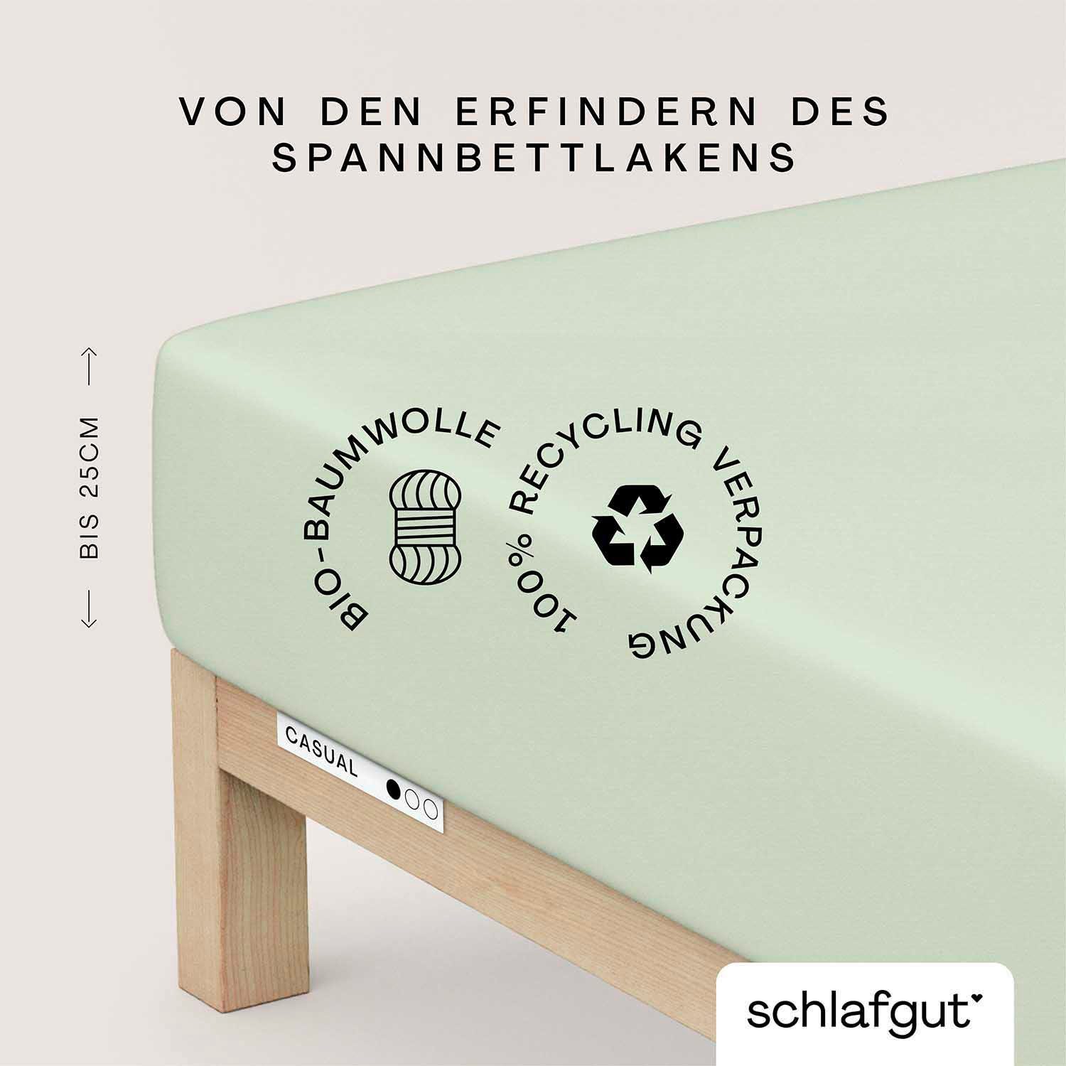 Spannbettlaken CASUAL u.a. in 100% Gr. Stück), Schlafgut, Bio-Baumwolle, langlebig, (1 weich Bettlaken für Höhe, Jersey, green 140x200 180x200 90x200, rundum, bis 25 zuverlässig, cm, Gummizug: oder cm Matratzen light