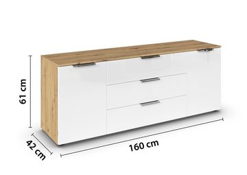 rauch Lowboard FLIPP, Artisan Eiche Dekor, Weiß, 2 Türen, 3 Schubladen, mit Soft-Close-Funktion, B 160 x H 61 x T 42 cm