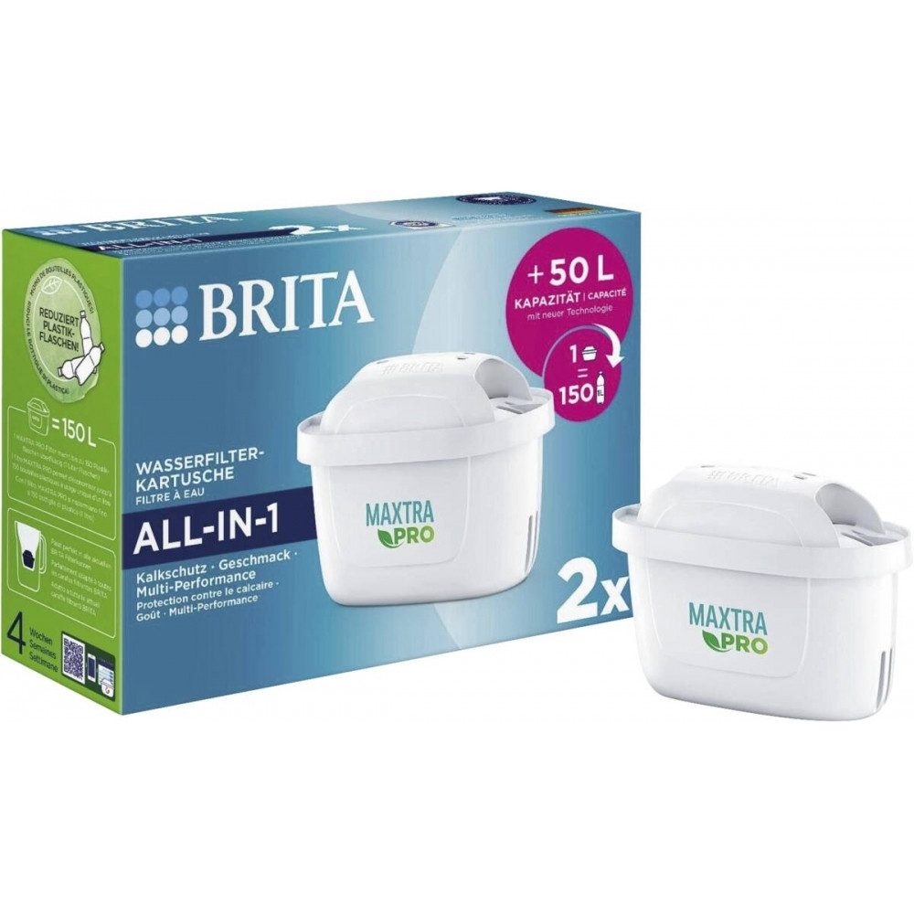 BRITA Wasserfilter Brita MAXTRA PRO Wasserfilterkartuschen 2er Pack, Zubehör für Für alle BRITA Kannen, 4-stufige Filtration mit Aktivkohle