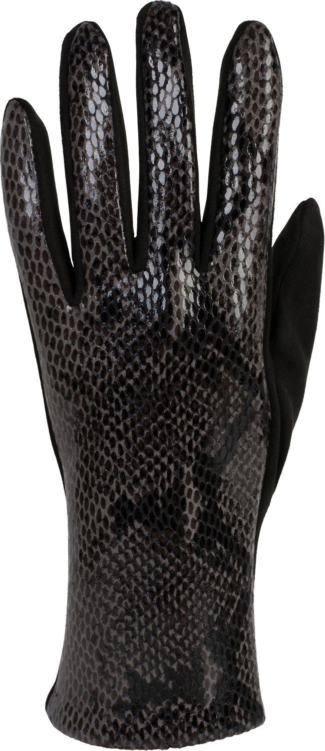 Schlangenleder Optik Stoff Handschuhe styleBREAKER Strickhandschuhe in Schwarz-Grau