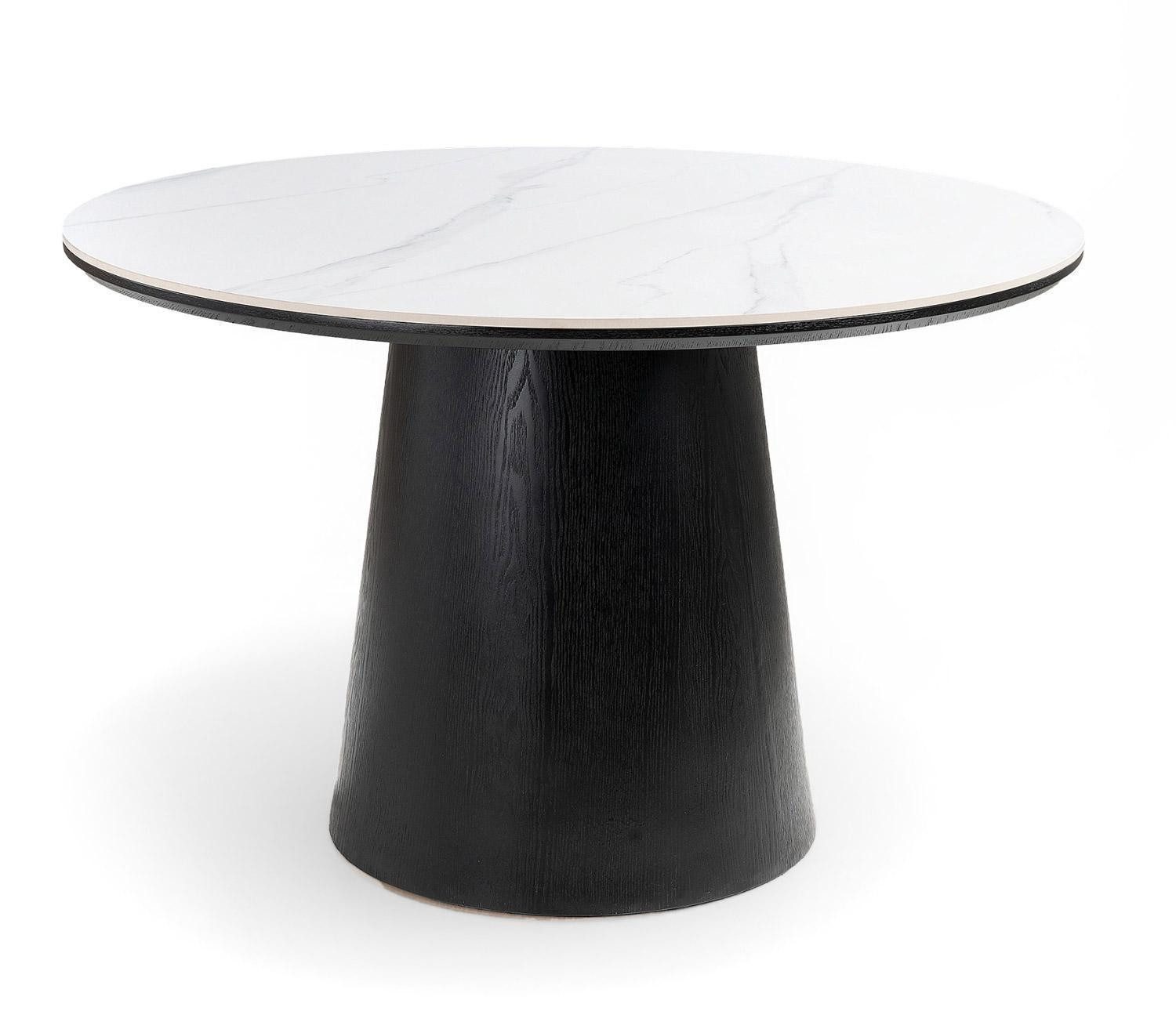 Home4You Esstisch Ø 115 x H 75 cm, Schwarz, Weiß, MDF, (1-St), travertine Keramikplatte