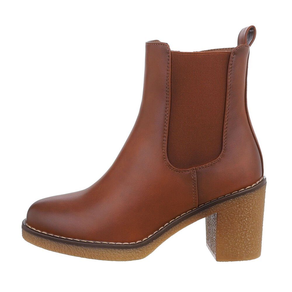 Ital-Design Damen Freizeit High-Heel-Stiefelette Blockabsatz High-Heel Stiefeletten in Camel