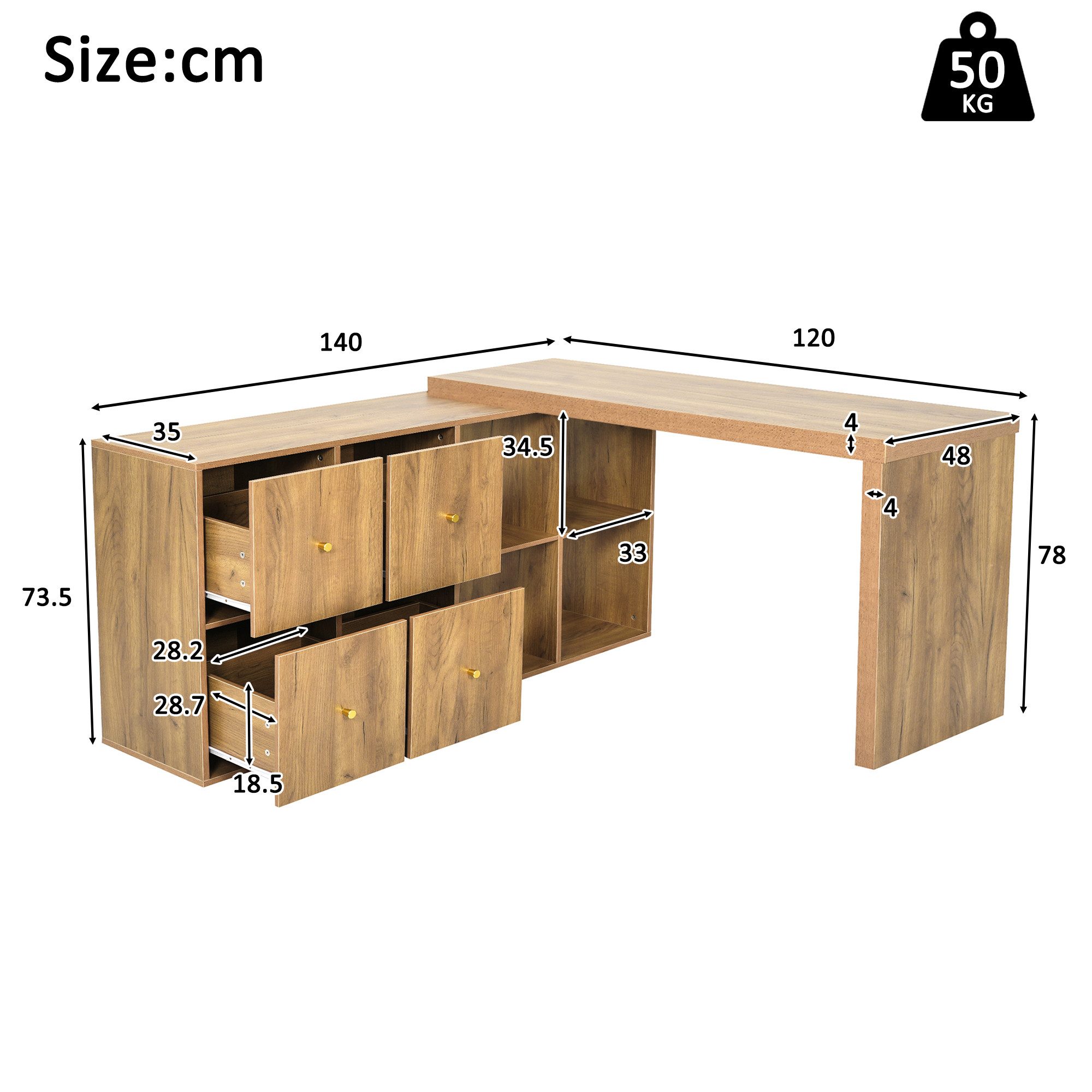 Flieks Schreibtisch 360° drehbar Bürotisch mit 4 Schubladen und 4 Fächern (Tischlänge 120xT48xH78 cm/Schranklänge 140xT35 cm, 2-St., 1 Tisch schwenkbar), Comput – Bild 5 von 5