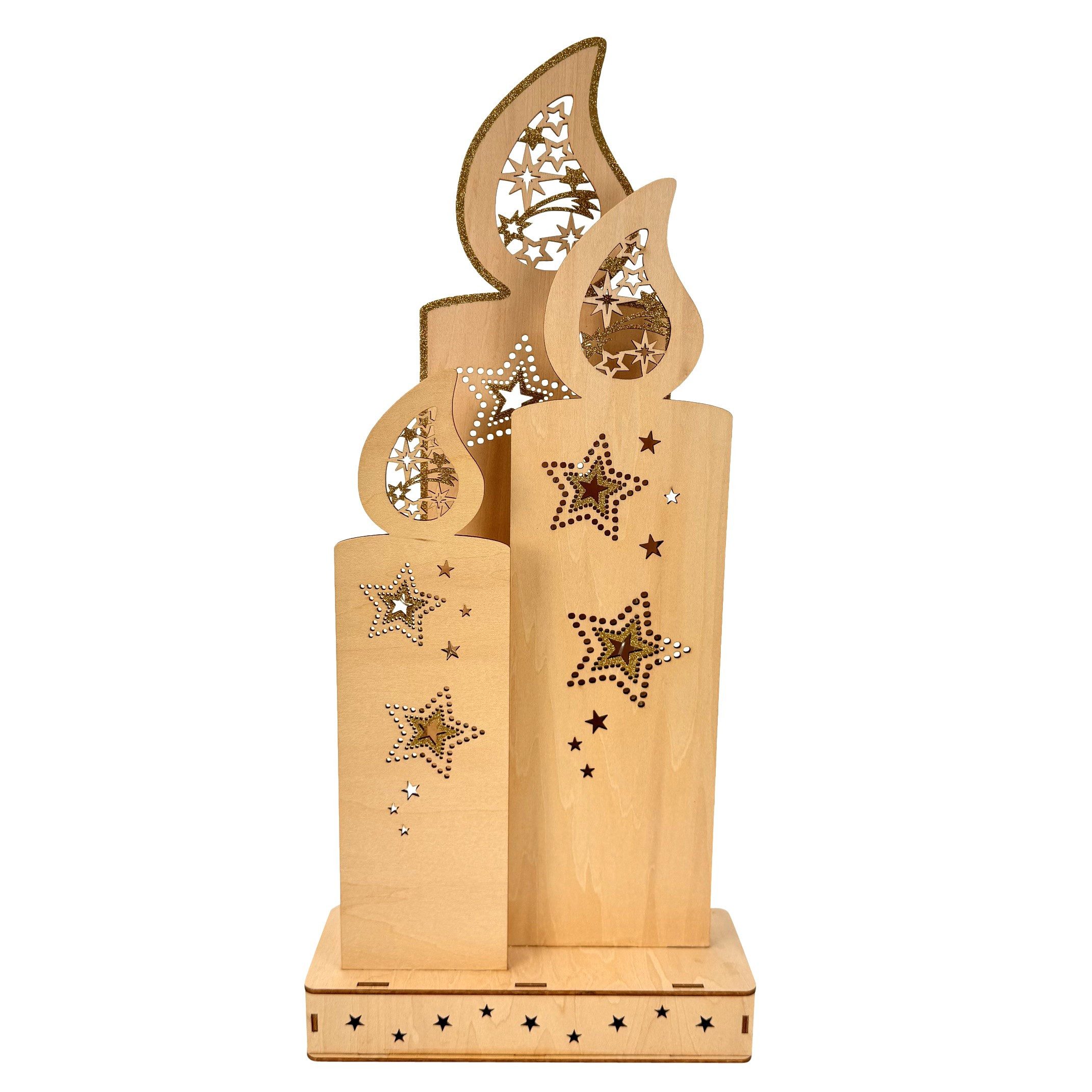 Online-Fuchs LED-Dekofigur 3 große Kerzen aus Holz mit Sternen und Timer- Weihnachtsdeko (mit goldenen Applikationen, 49 cm hoch), praktische 6-Stunden Timerfun – Bild 2 von 4