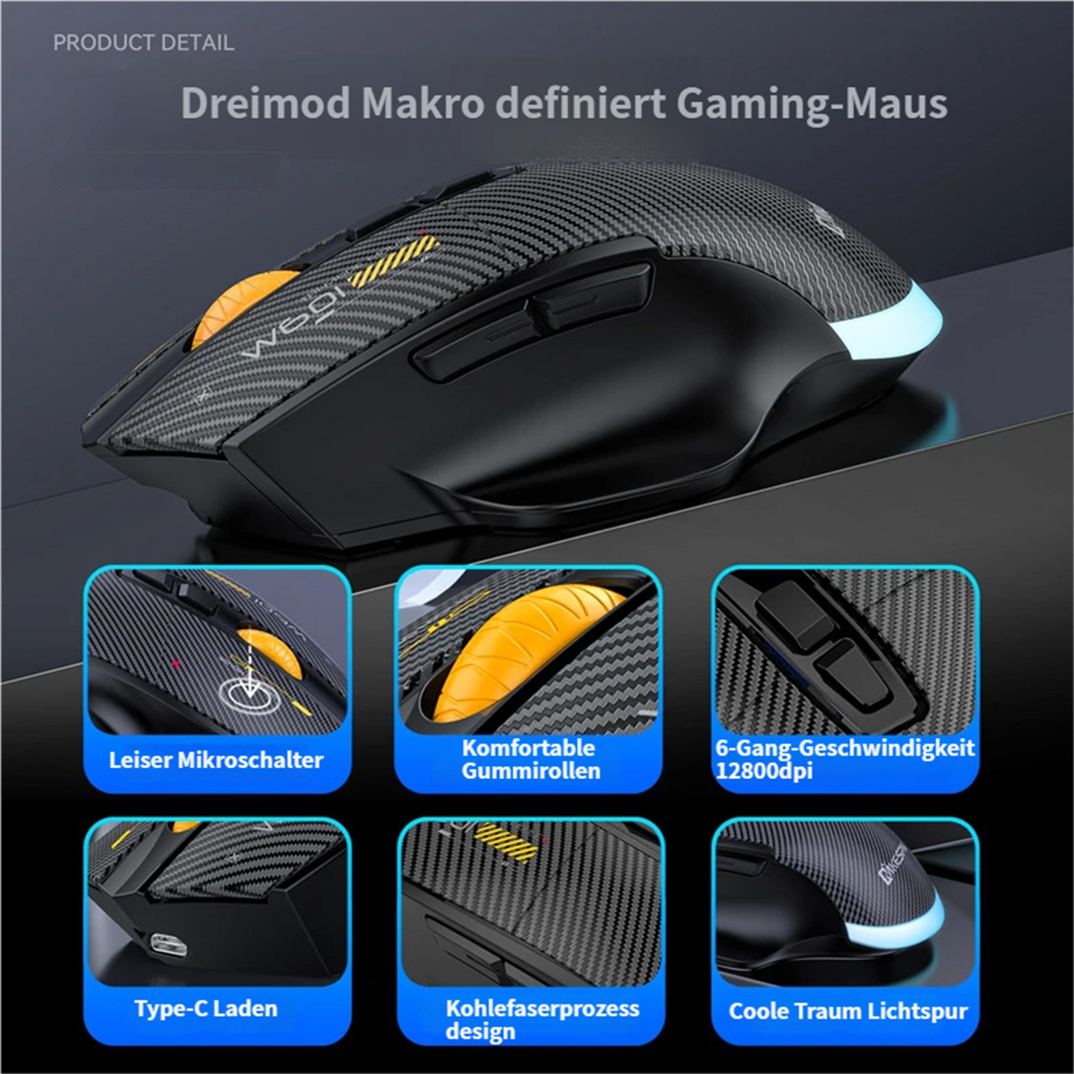 KINSI 3-Modus Gaming Maus,Kabelgebunden + 2,4G Funk + Bluetooth Maus Maus (Bluetooth, Funk, Makro-programmierbar, bis 12800 DPI, RGB-Beleuchtung)