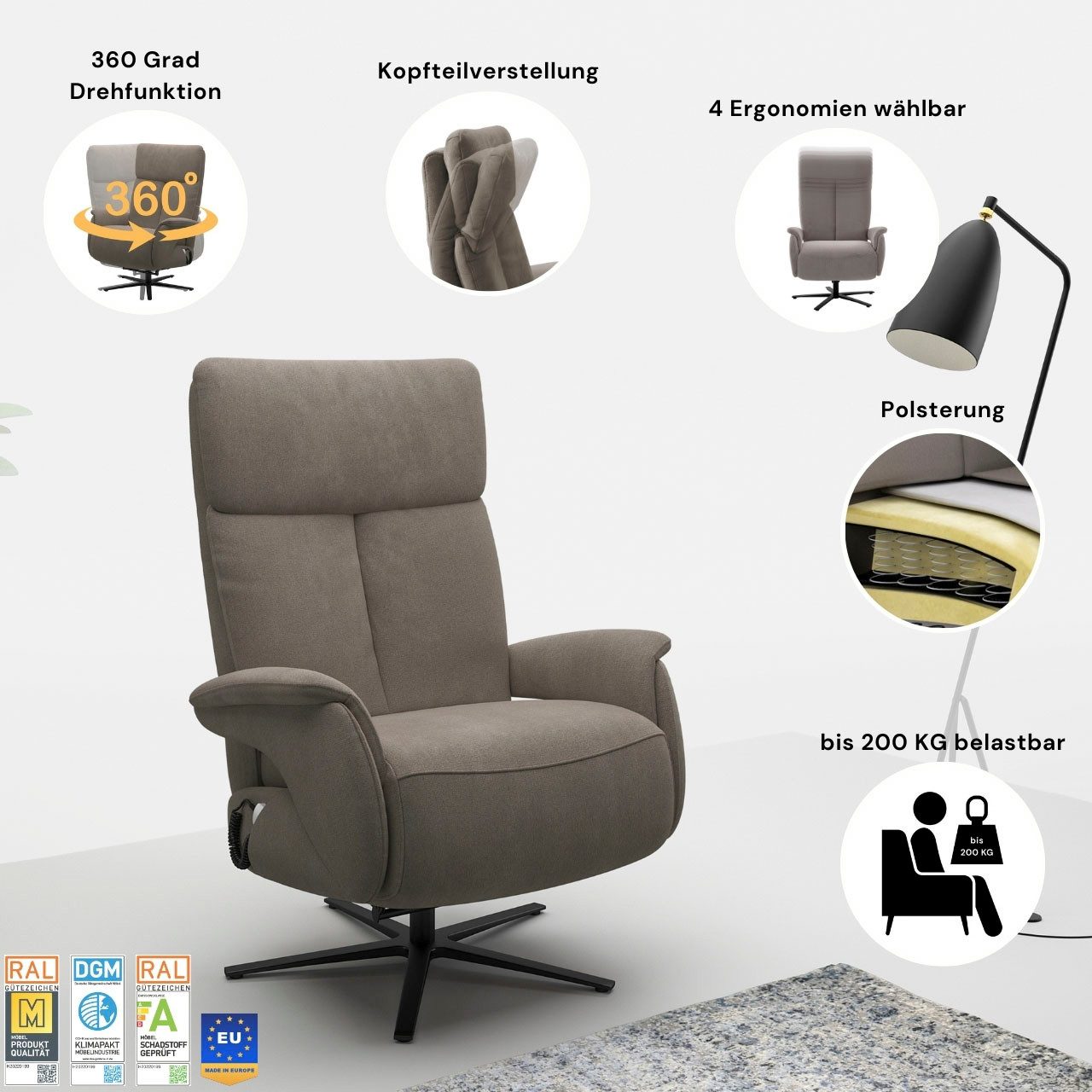 sit&more TV-Sessel Triple Seven mit Kopfteilver, Drehfunktion, Herz-Waage & Relaxfunktion, Ergonomie S: elektr. Fußstütze, Rückenlehne & Aufstehhilfe, Akku – Bild 3 von 5