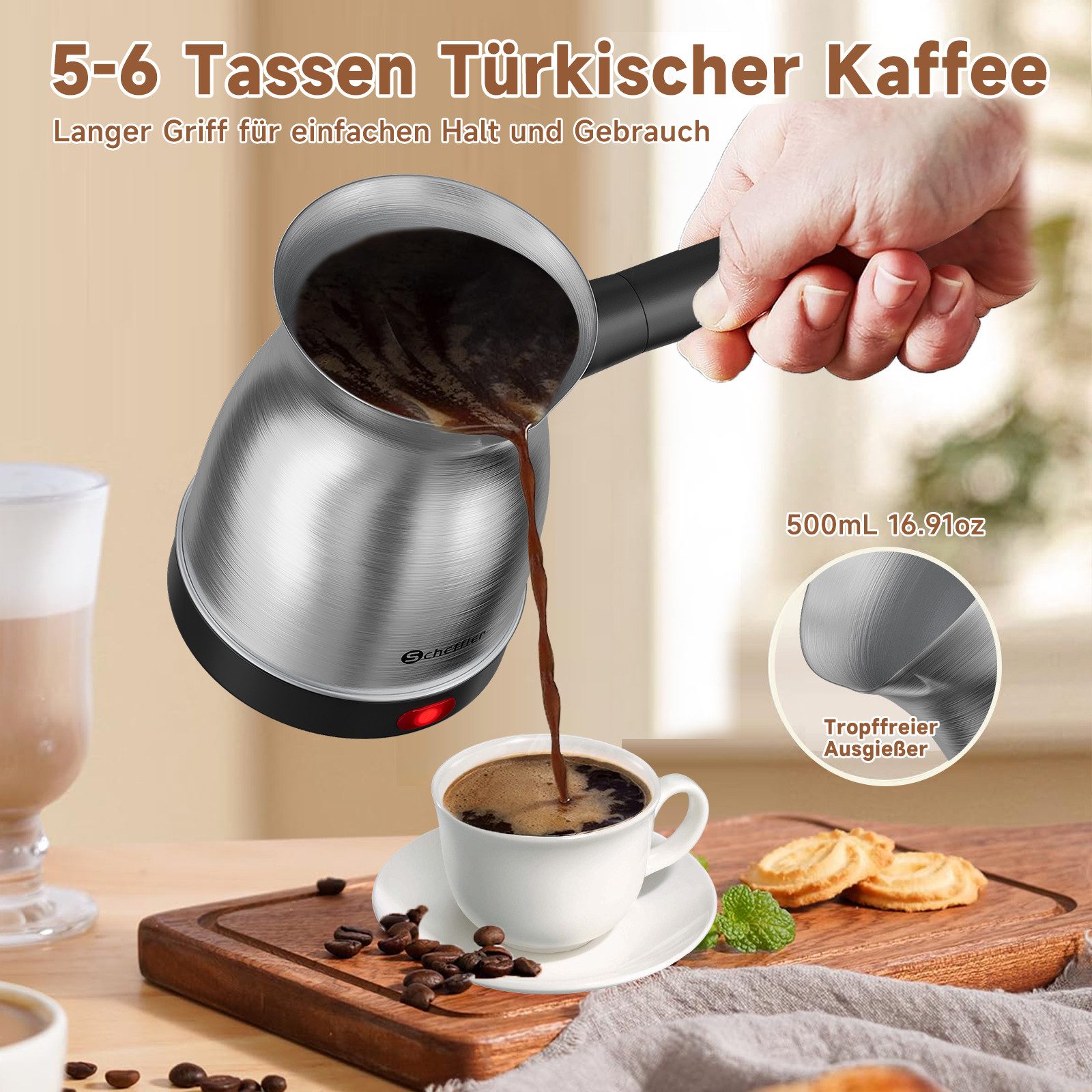 Scheffler Kaffeekanne Edelstahl Kaffeemaschinen Türkische Kaffeekocher French Press, 0,5 l, (1-St., Milchkanne), Abnehmbarer Griff, LED-Kochanzeige Für Zuhause Büro Reisen