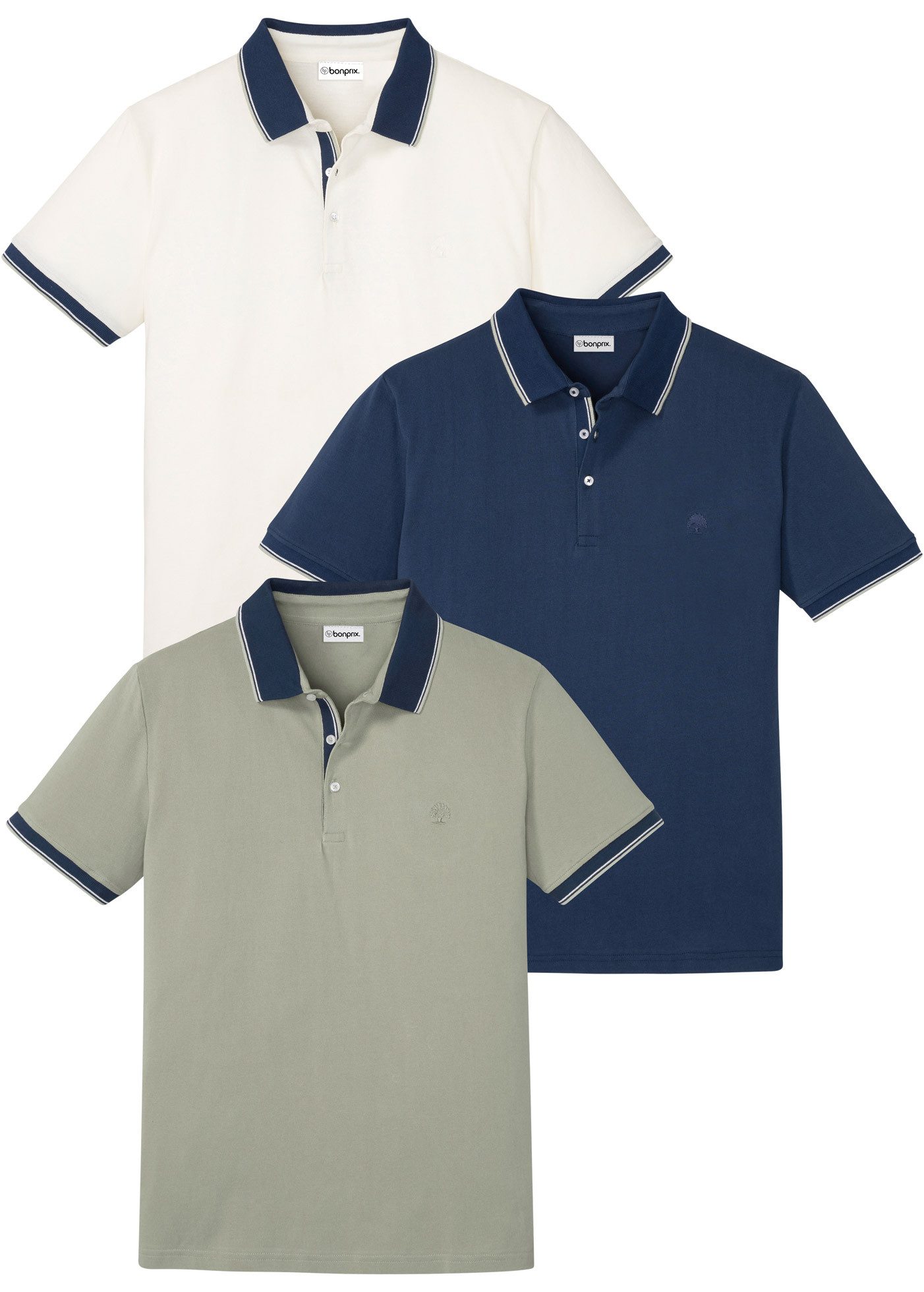 bonprix Poloshirt (Packung, 3-tlg) Regular Fit, Kurzarm, mit dezenter Bruststickerei, aus Baumwolle