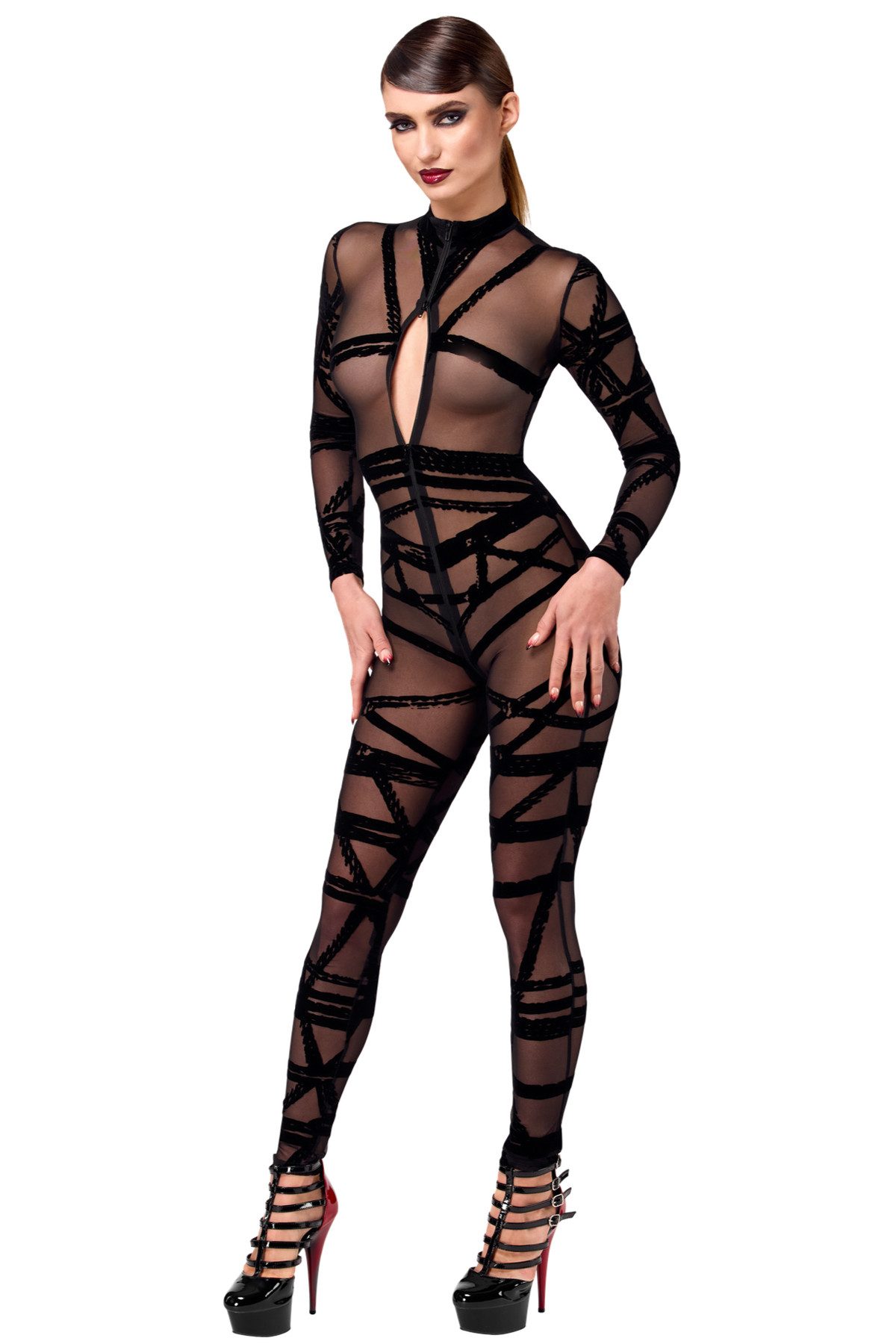 Noir Handmade Overall Damen Wetlook Overall schwarz mit Netz und Ausschnitt transparent offe