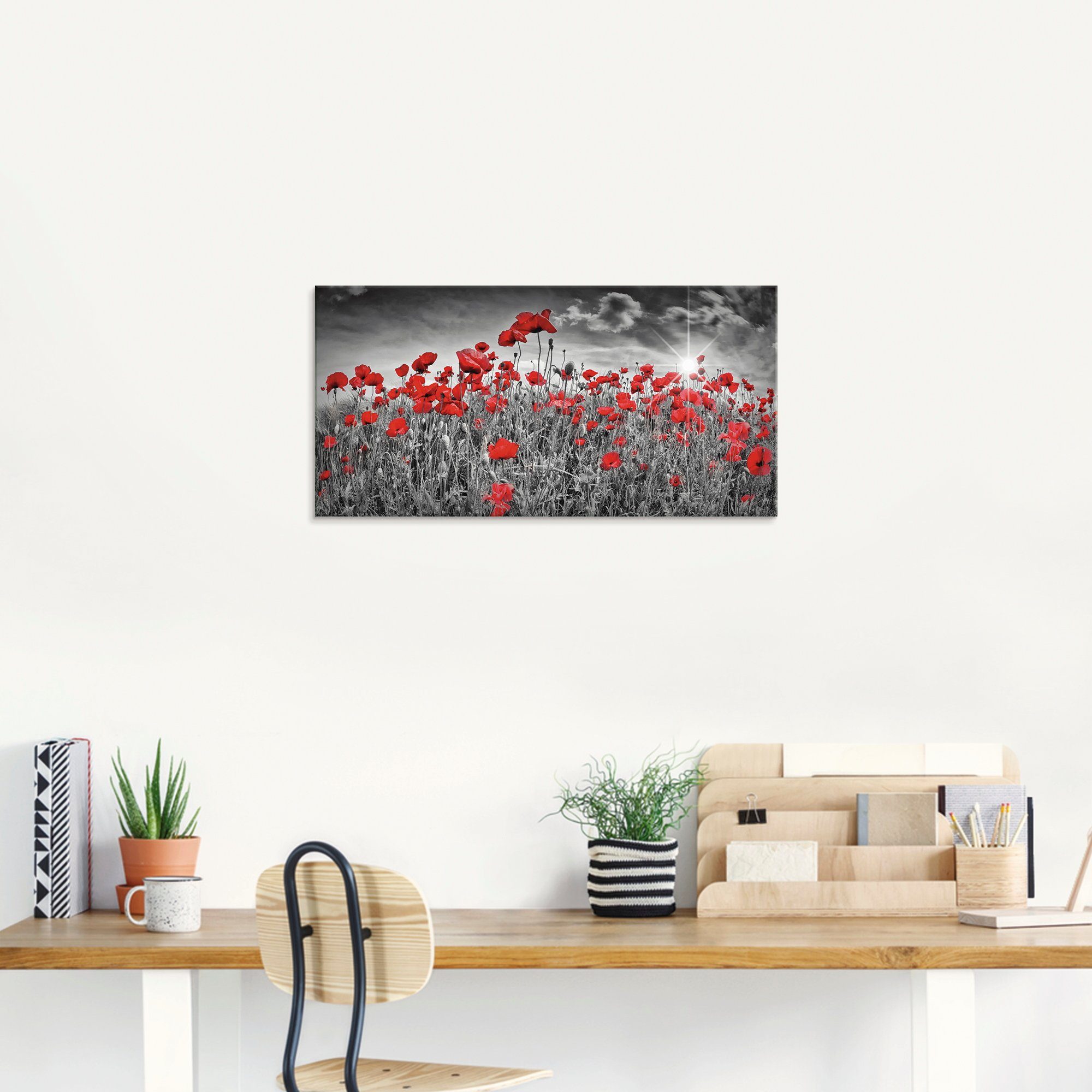 Artland Glasbild Idyllisches Mohnblumenfeld mit Sonne, Blumen (1 St), in verschiedenen Größen