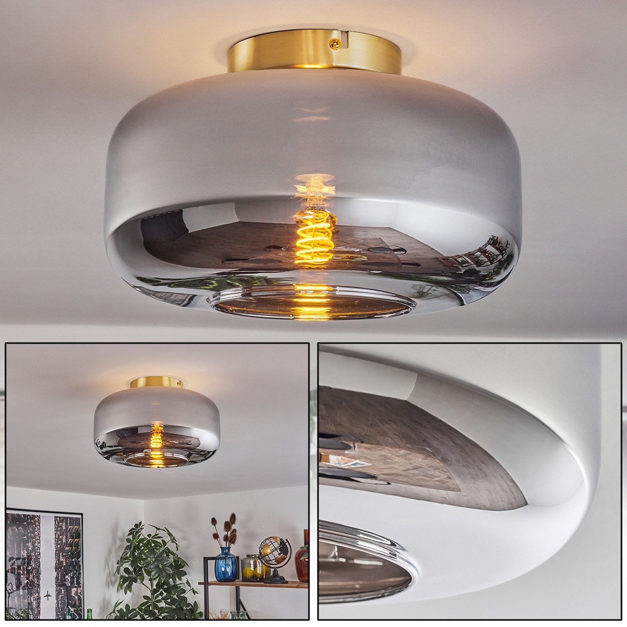 hofstein Deckenleuchte Deckenlampe aus Metall/Glas in Messingfarben/Chromfarben/Rauchfarben, ohne Leuchtmittel, Retro-Design, mit Schirm aus Glas (28 cm), 1x E27, ohne Leuchtmittel