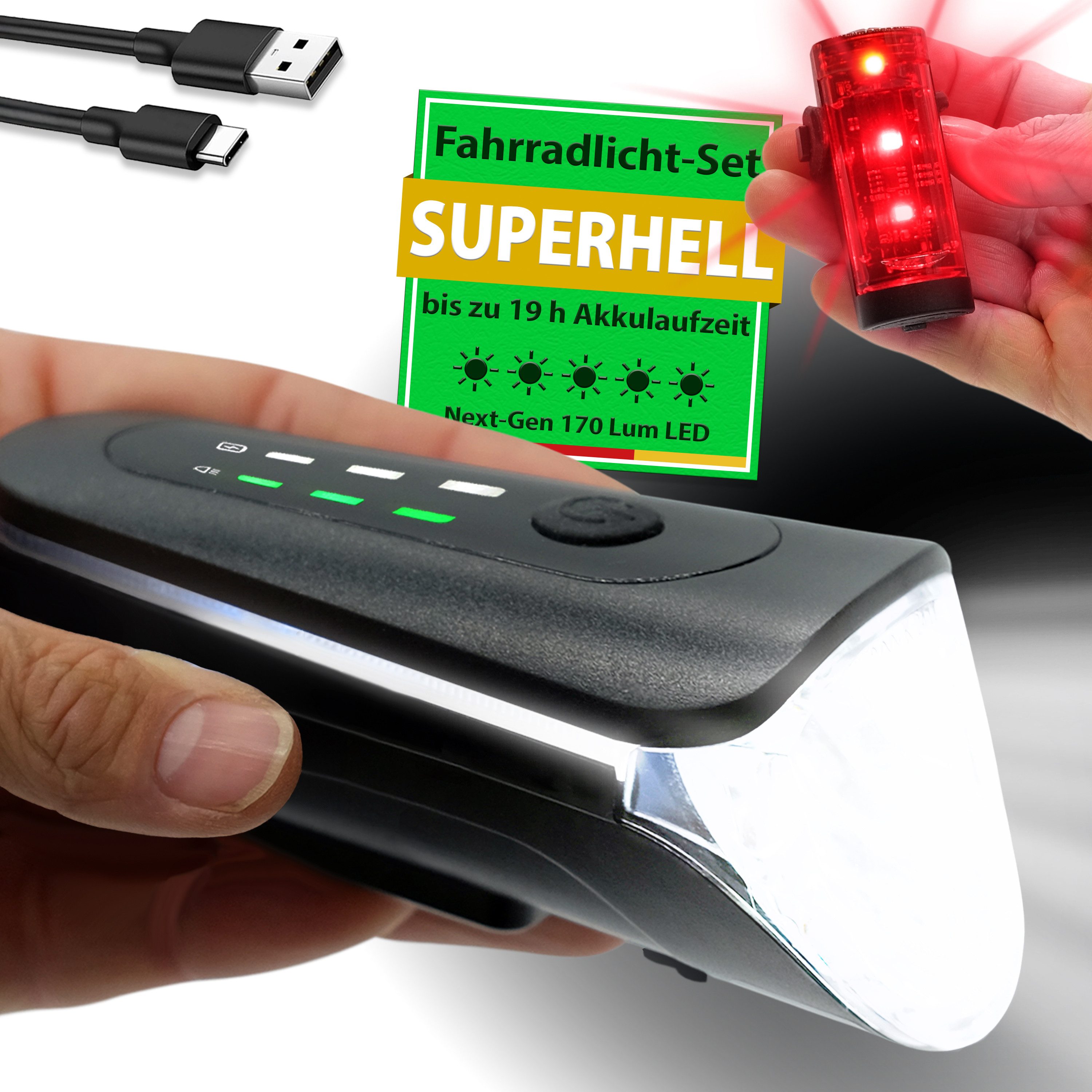 Widder Fahrradbeleuchtung [extrem hell 170 Lum, StVZO zugelassen] Fahrradlicht Set Vorn & Hinten, mit Automatik-Modus • USB-C aufladbar • E-Bike, Fahrrad, Scooter