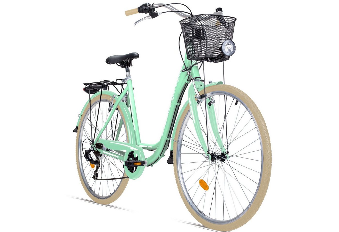 bergsteiger Cityrad Florenz 28 Zoll Damenfahrrad mit Korb, Beleuchtung, ab 160 cm, 7 Gang Shimano Tourney RD-TY21 Schaltwerk, Kettenschaltung, V-Bremsen