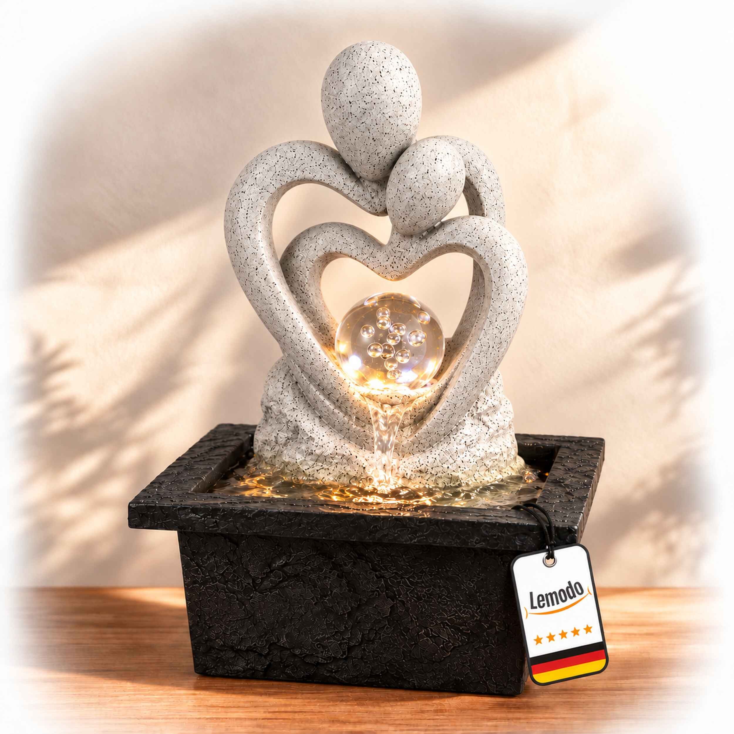 Lemodo Zimmerbrunnen mit LED, rotierender Glaskugel und Paar in Granitoptik, mit LED-Beleuchtung und rotierender Glaskugel
