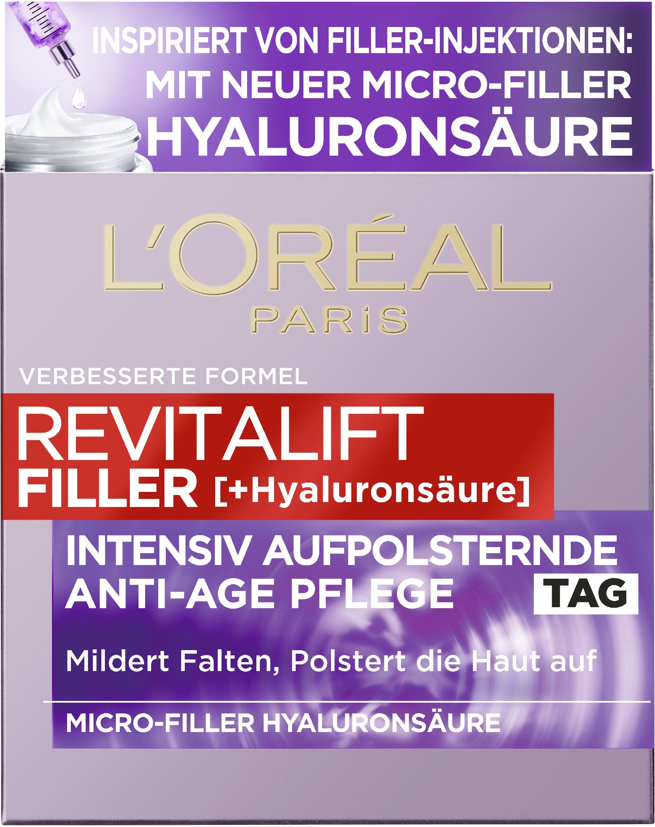 Damen Gesichtspflege L'ORÉAL PARIS Anti-Aging-Creme RevitaLift Filler Tag, mit hochkonzentrierter Hyaluronsäure