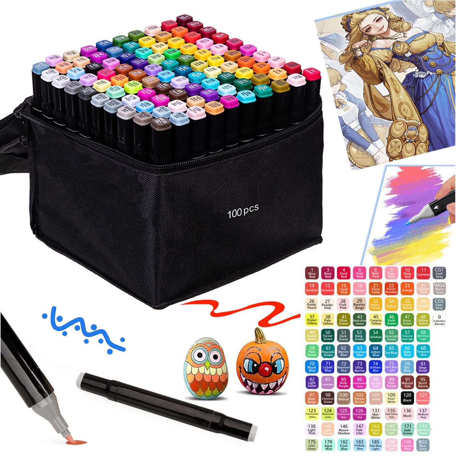 MOPUEA Permanentmarker Lackmarker 168/100 Farben Filzstifte Set Doppelseitige Marker Stifte, (Filzstifte Permanent Marker, 100-tlg., 100 doppelseitige Marker Stifte, Tragetasche), Malstifte für Erwachsene und Kinder