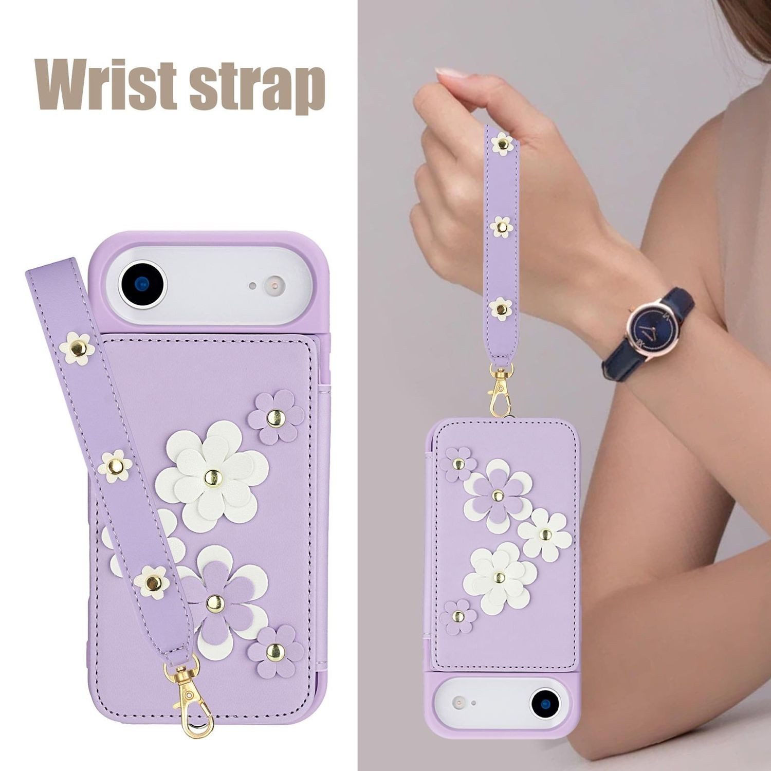 Wigento Handyhülle Für Apple iPhone 17 Air Crossbody Kunstleder Blumenmuster Hülle Lila, Mit Kartenfächern, Gurt, Kickstand-Funktion