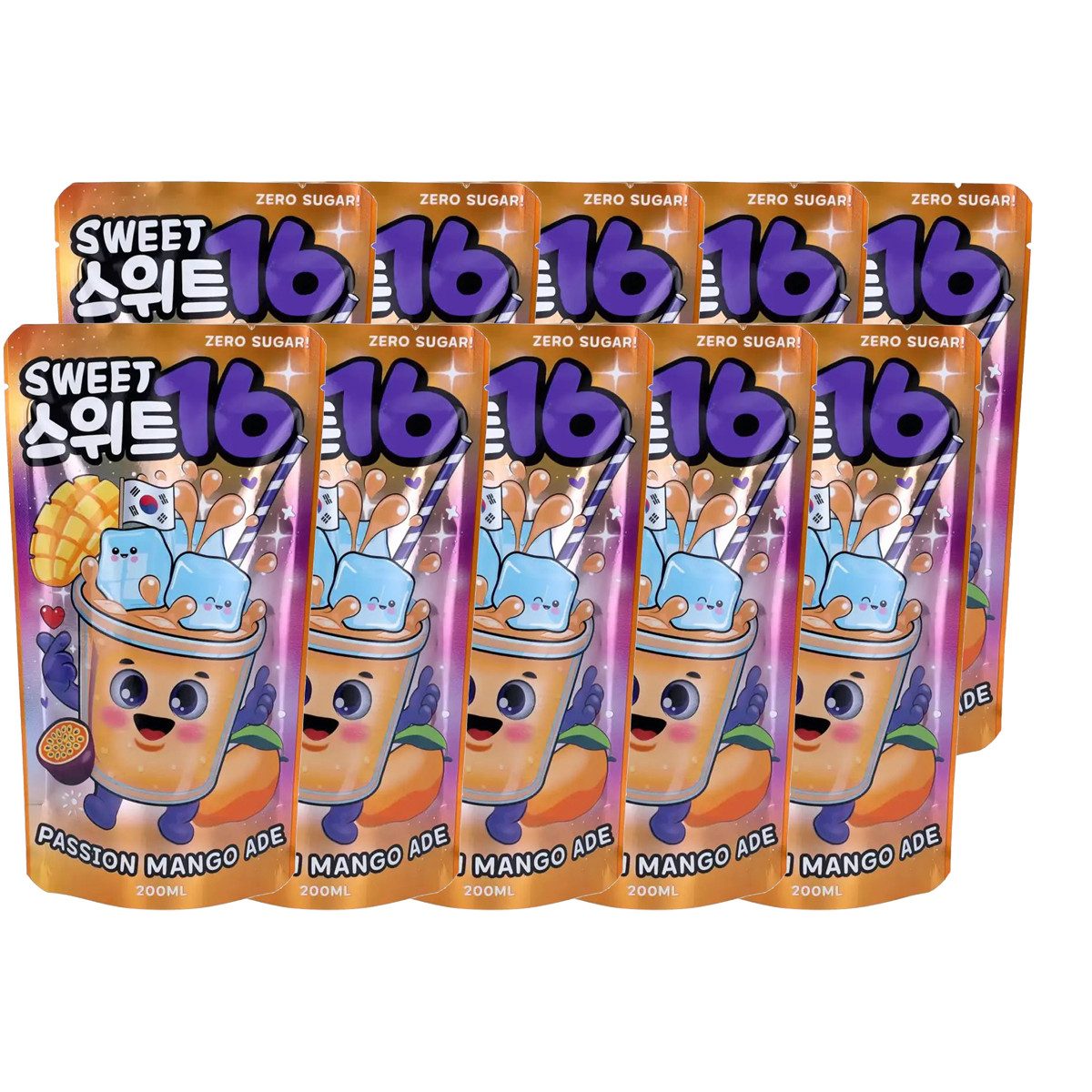 Sweet16 Softgetränk, Sweet16 Passion Mango koreanisches Getränk zuckerfrei 200ml 10er Pack