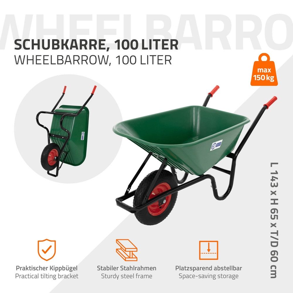 ECD Germany Schubkarre Bauschubkarre Transportkarre für Garten 100L mit Metallfelge, Gartenschubkarre Polypropylen Wanne Grün 143cmx59cmx65cm Arbeitskarre