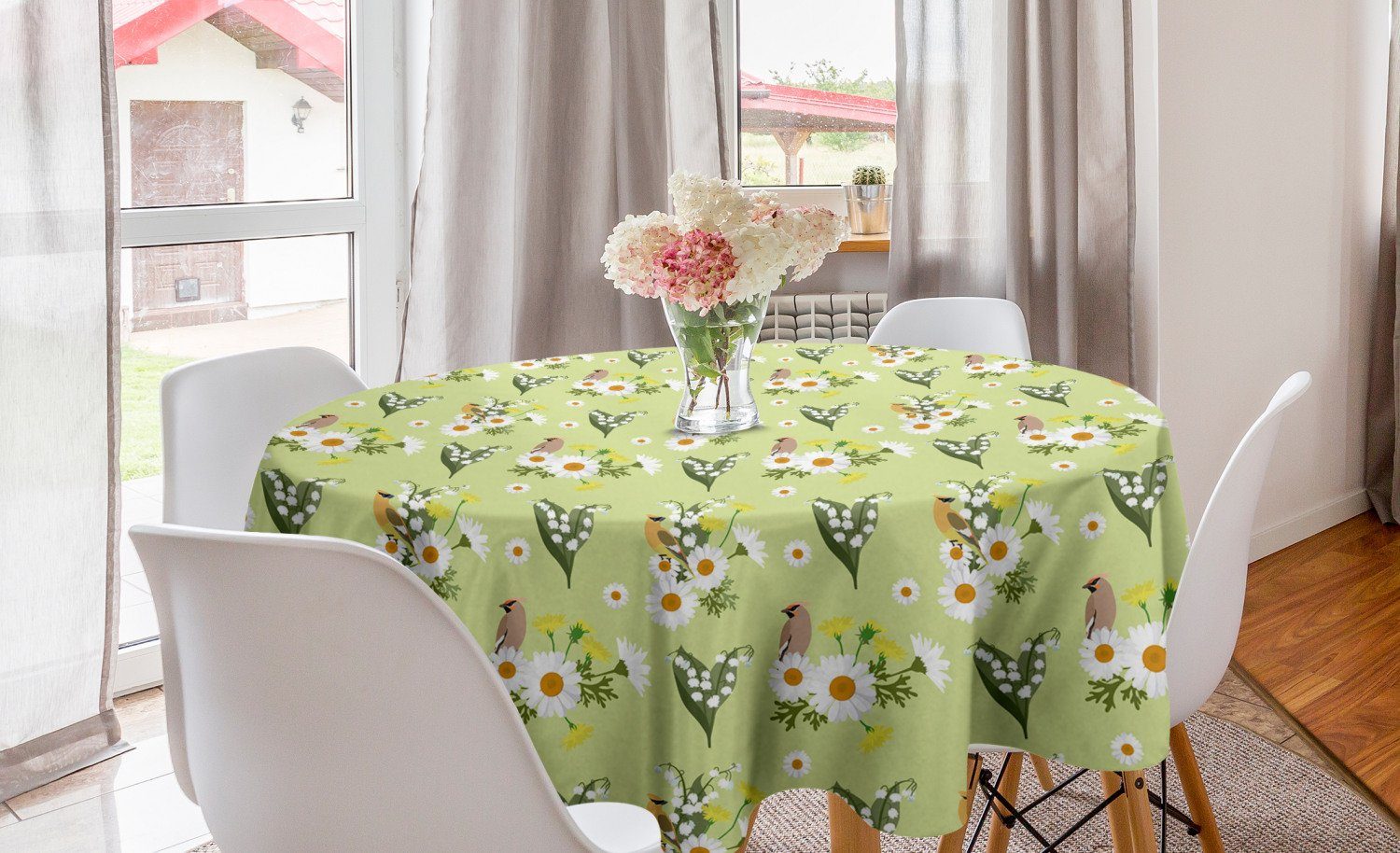 Abakuhaus Tischdecke Kreis Tischdecke Abdeckung für Esszimmer Küche Dekoration, Natur Blumen und Waxwings Vogel